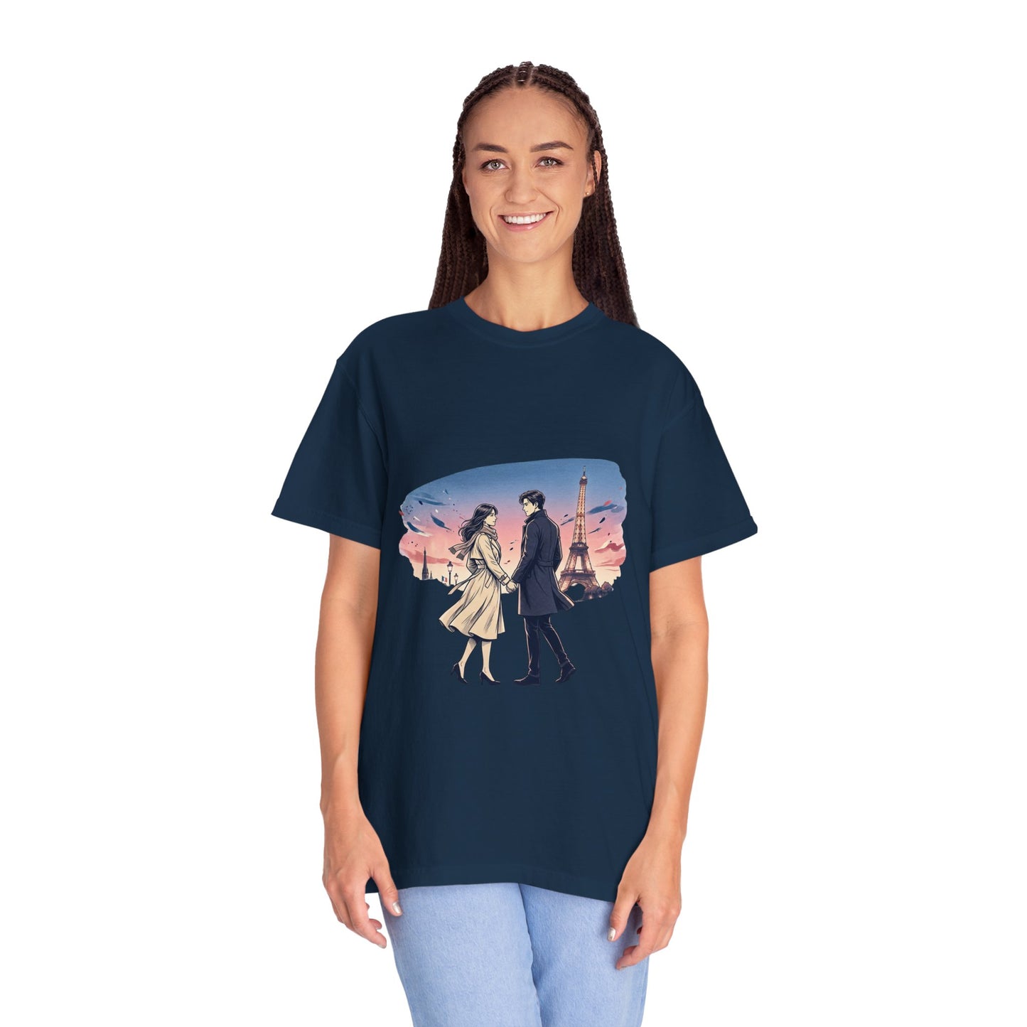 Paris Sunset Romance T-Shirt — Couple Walking by Eiffel Tower Graphic Tee