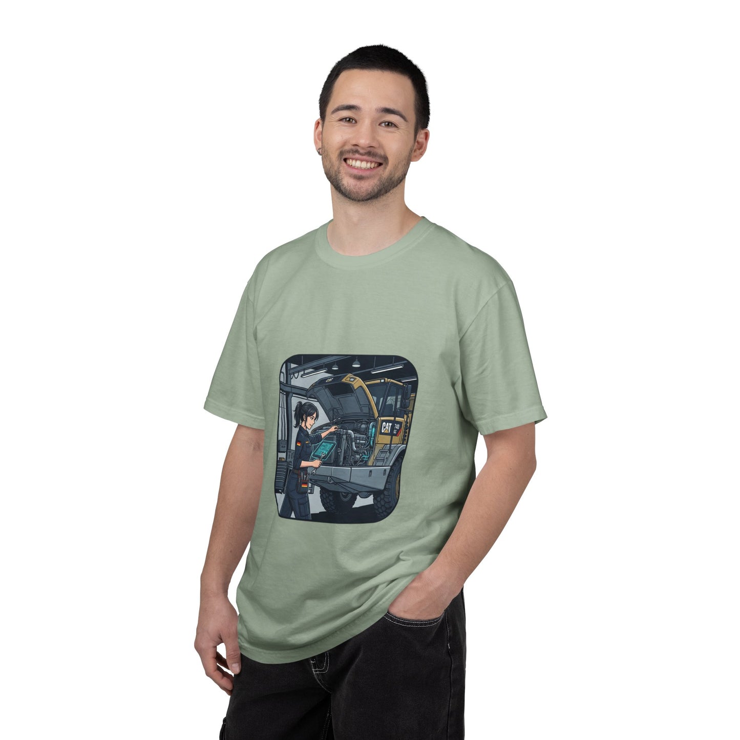 Mechanic Garage Scene T-Shirt — Vintage Truck Repair Illustration