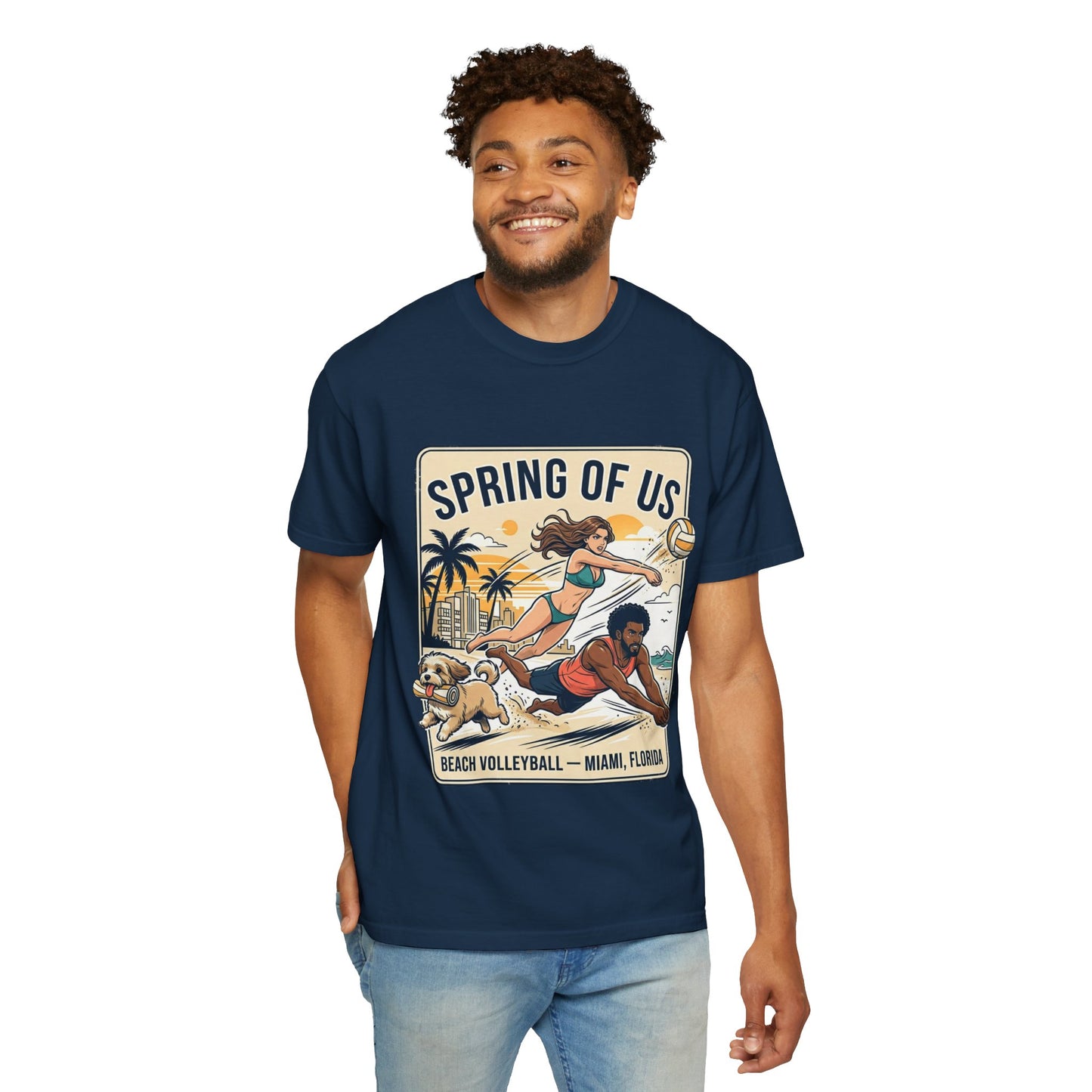 Spring of Us Beach Volleyball T-Shirt — Miami, Florida Retro Sun & Palm Tee