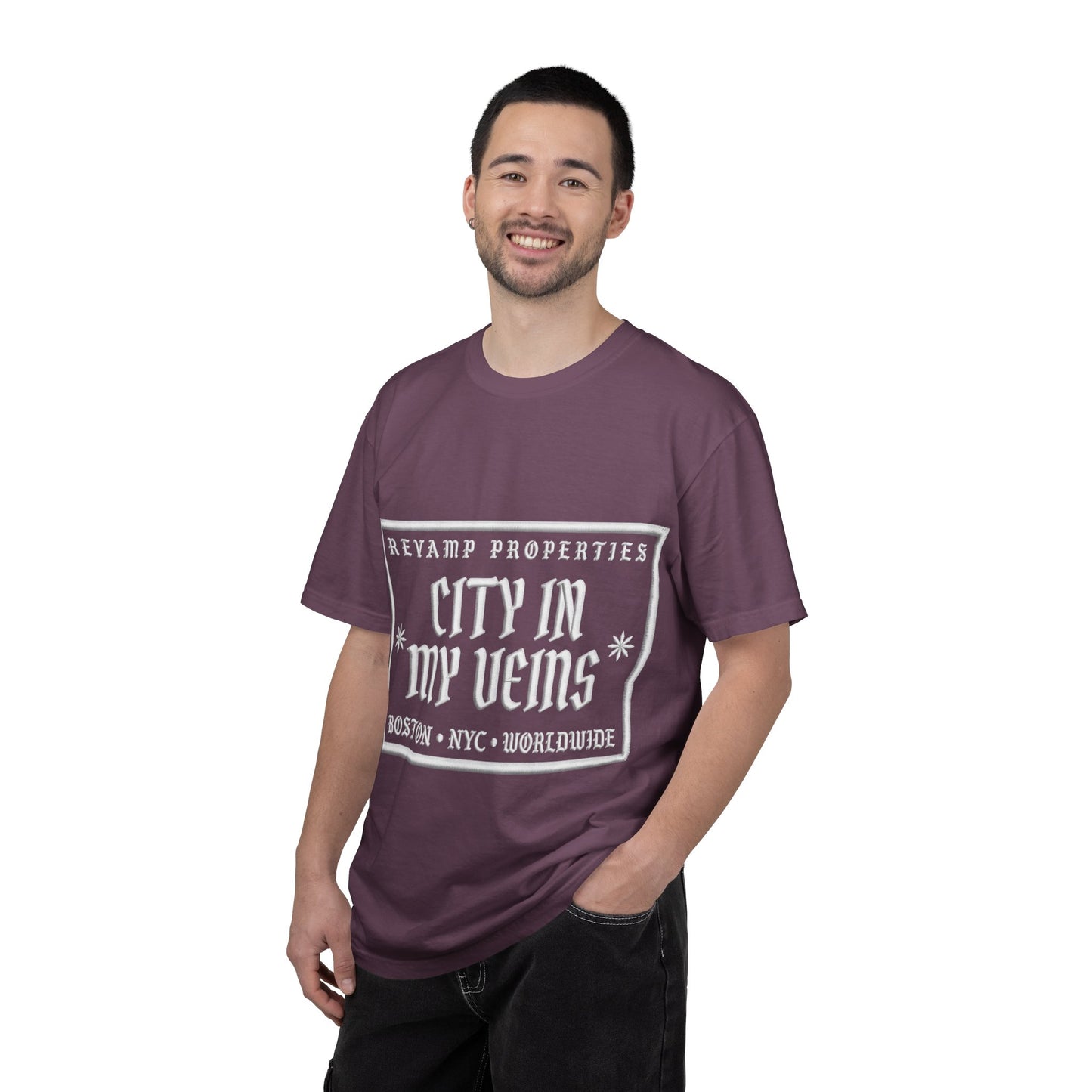 City In My Veins T‑Shirt — Vintage Cityscape Tee (Boston • NYC • Manchester)