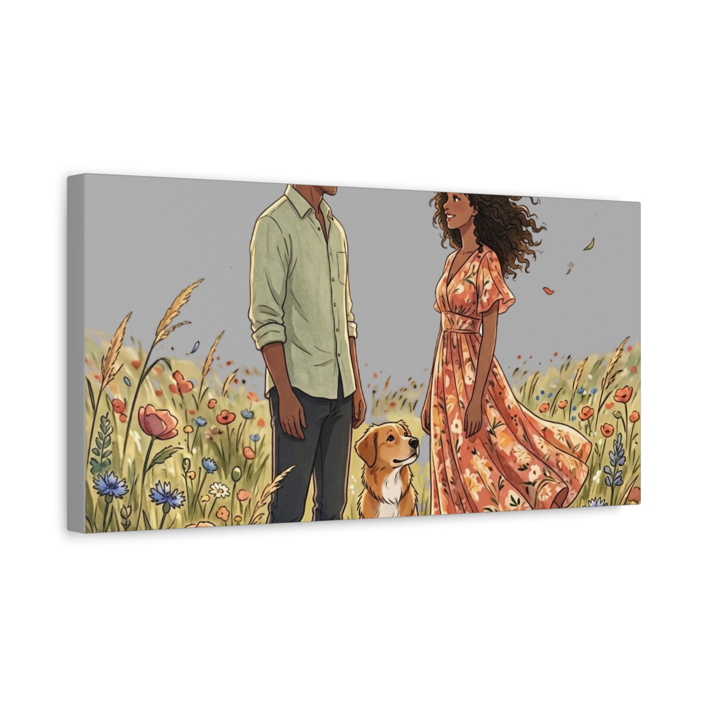 Romantic Couple in Wildflower Field Canvas Art — Black Love Wall Decor with Dog