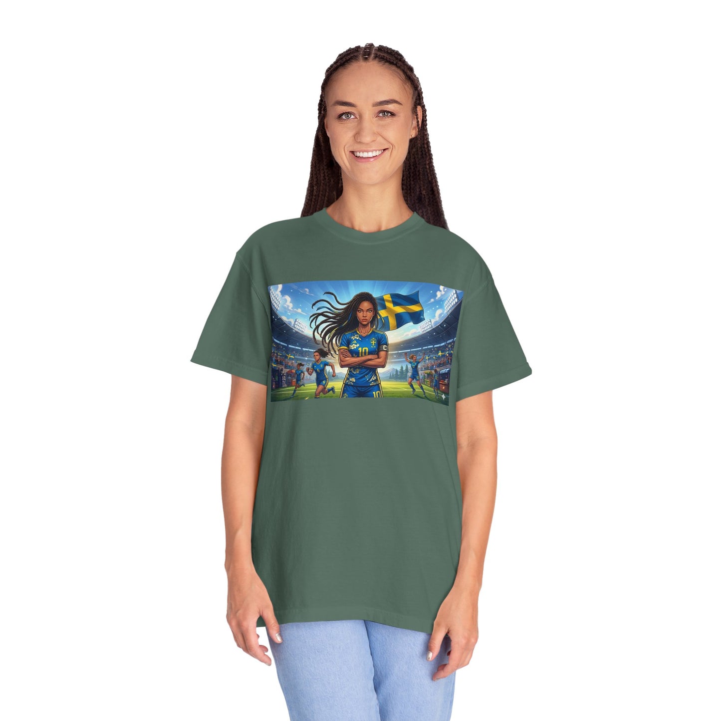 Swedish Soccer Pride T-Shirt — Female Footballer with Flag Stadium Design