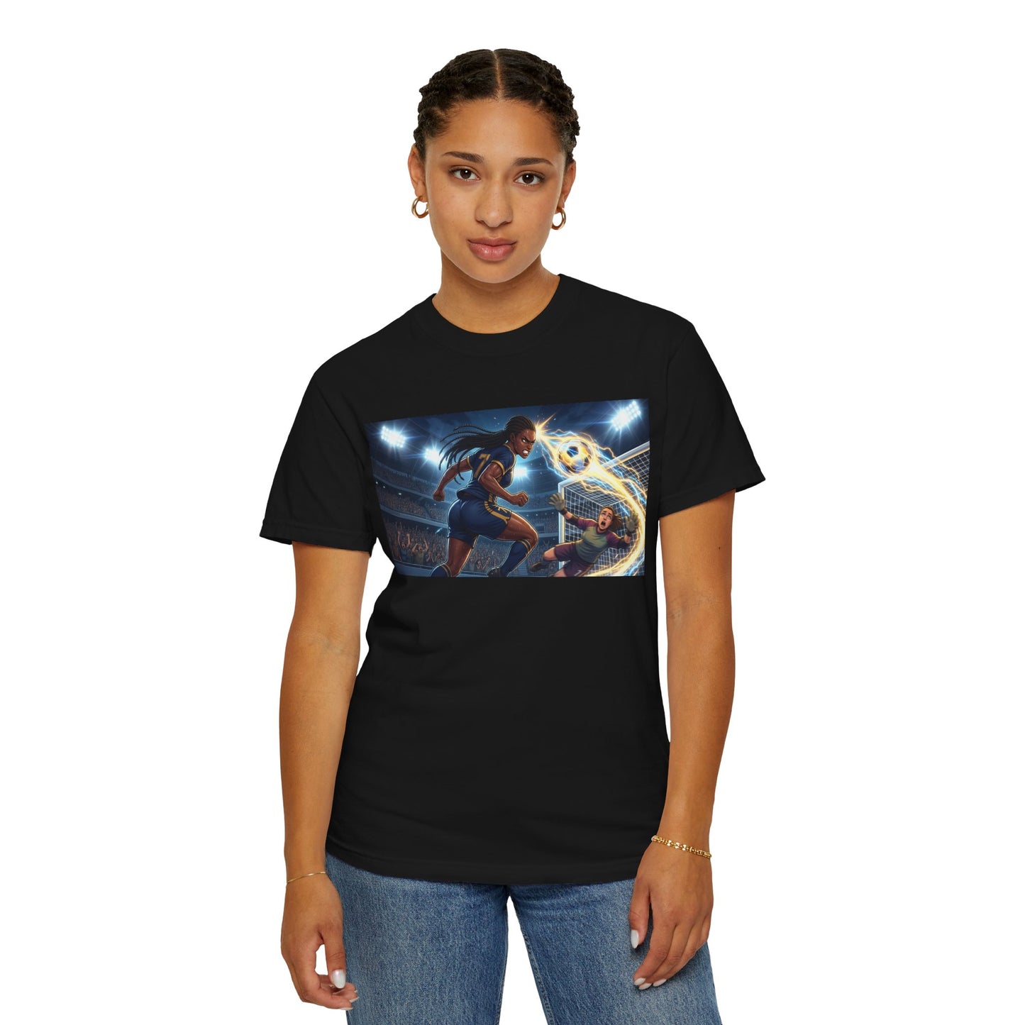 Soccer Duel Graphic T-Shirt — Futuristic Goalkeeper vs Striker Stadium Print