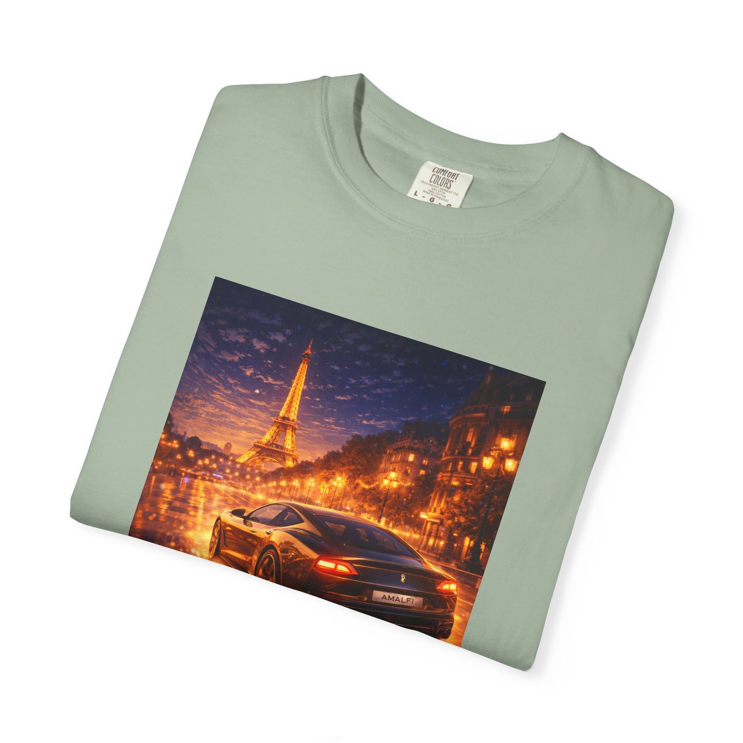 Paris Night Drive T-Shirt — Sports Car in Rainy Cityscape