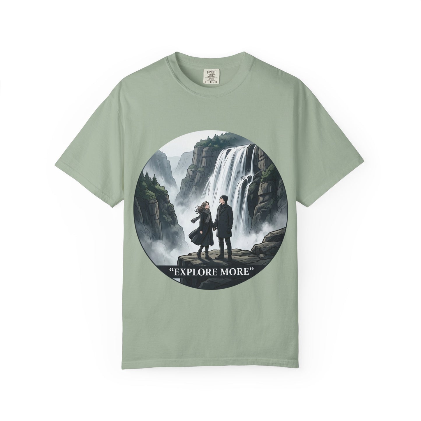 Explore More T-Shirt — Adventure Graphic Tee with Waterfall Scene