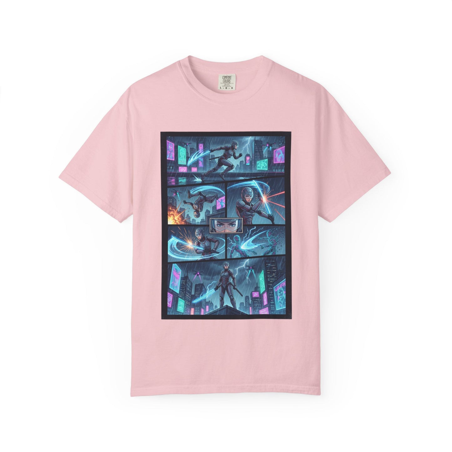 Cyberpunk Girl Samurai T-Shirt — Neon Manga Panel Graphic Tee