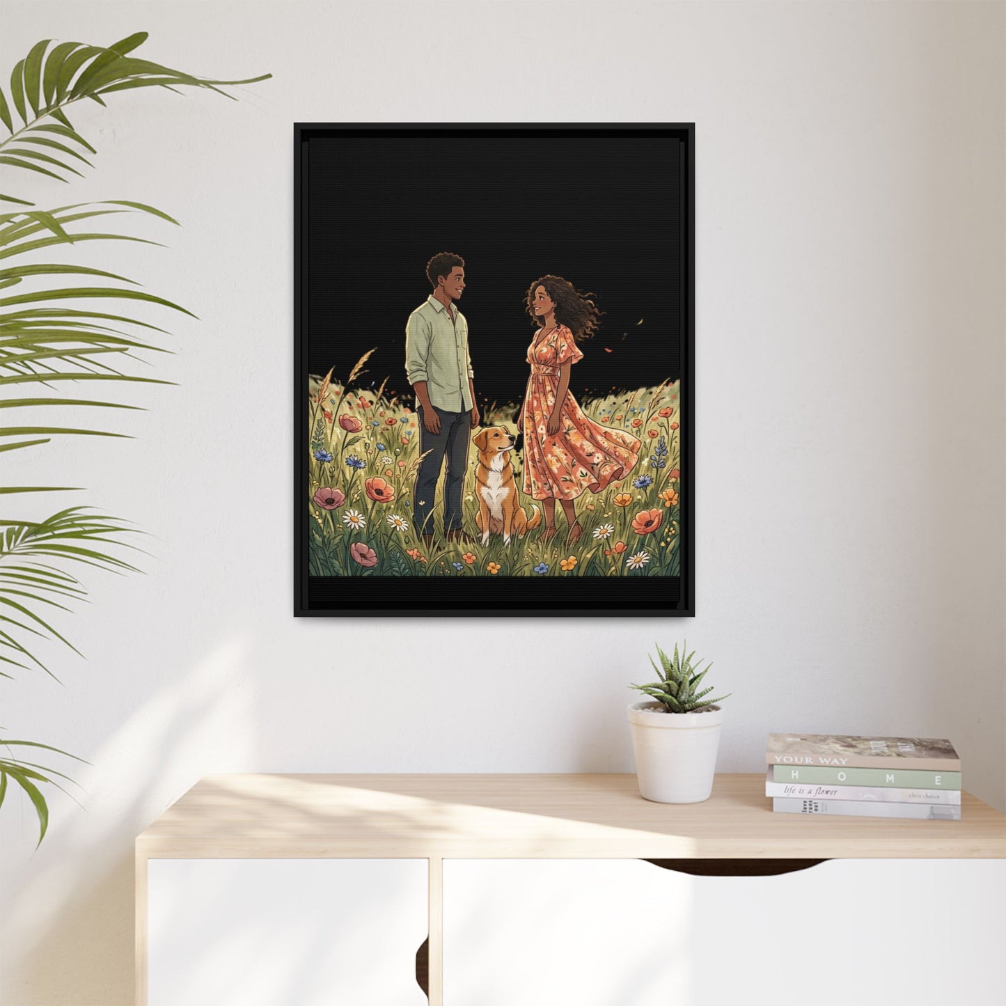 Framed Matte Canvas Print — Romantic Couple in Wildflower Field (Multi‑Color)