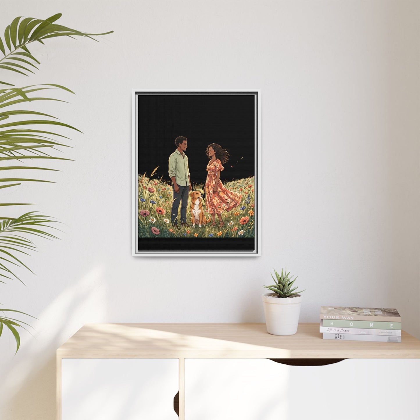 Framed Matte Canvas Print — Romantic Couple in Wildflower Field (Multi‑Color)