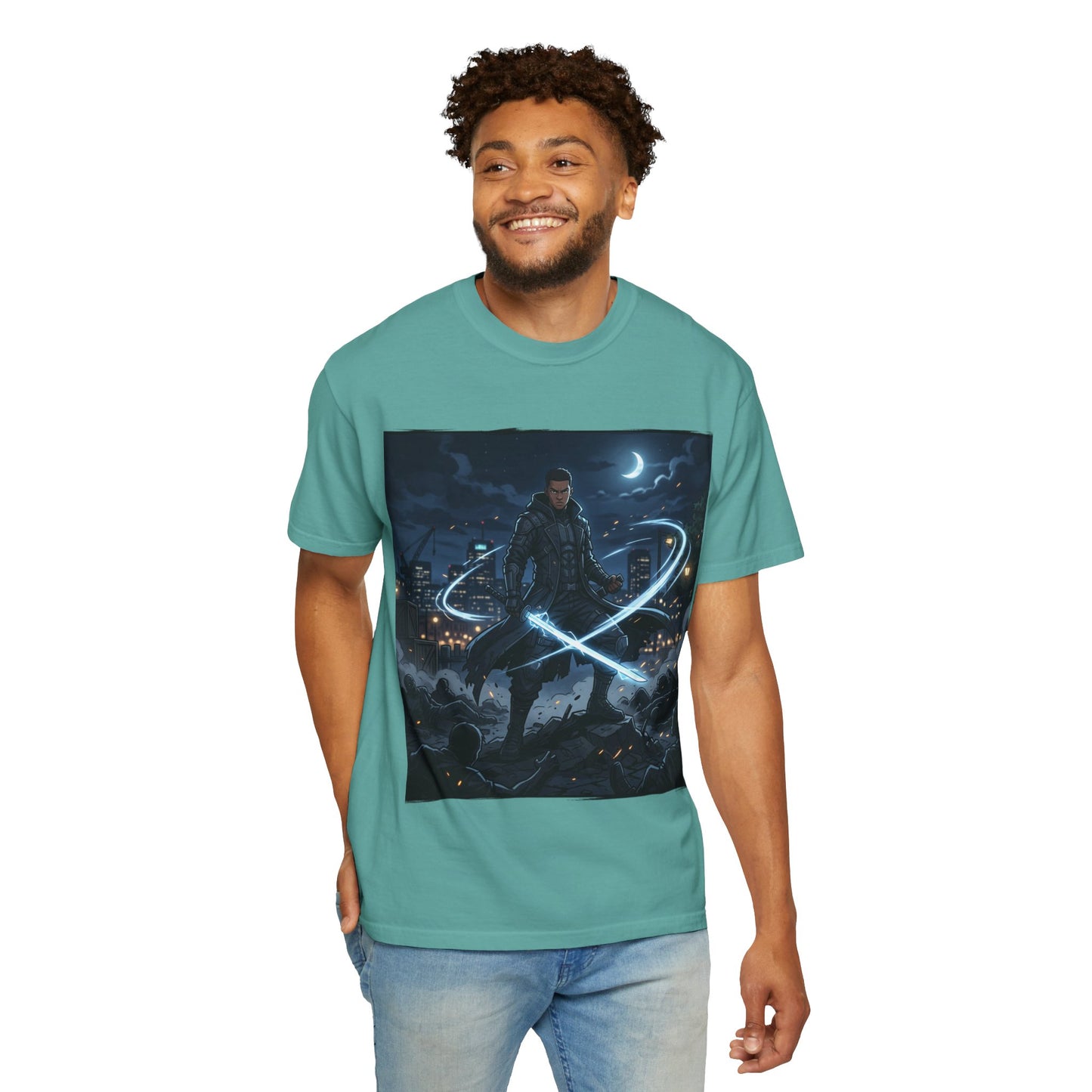 Urban Night Warrior T-Shirt — Neon Samurai Cityscape