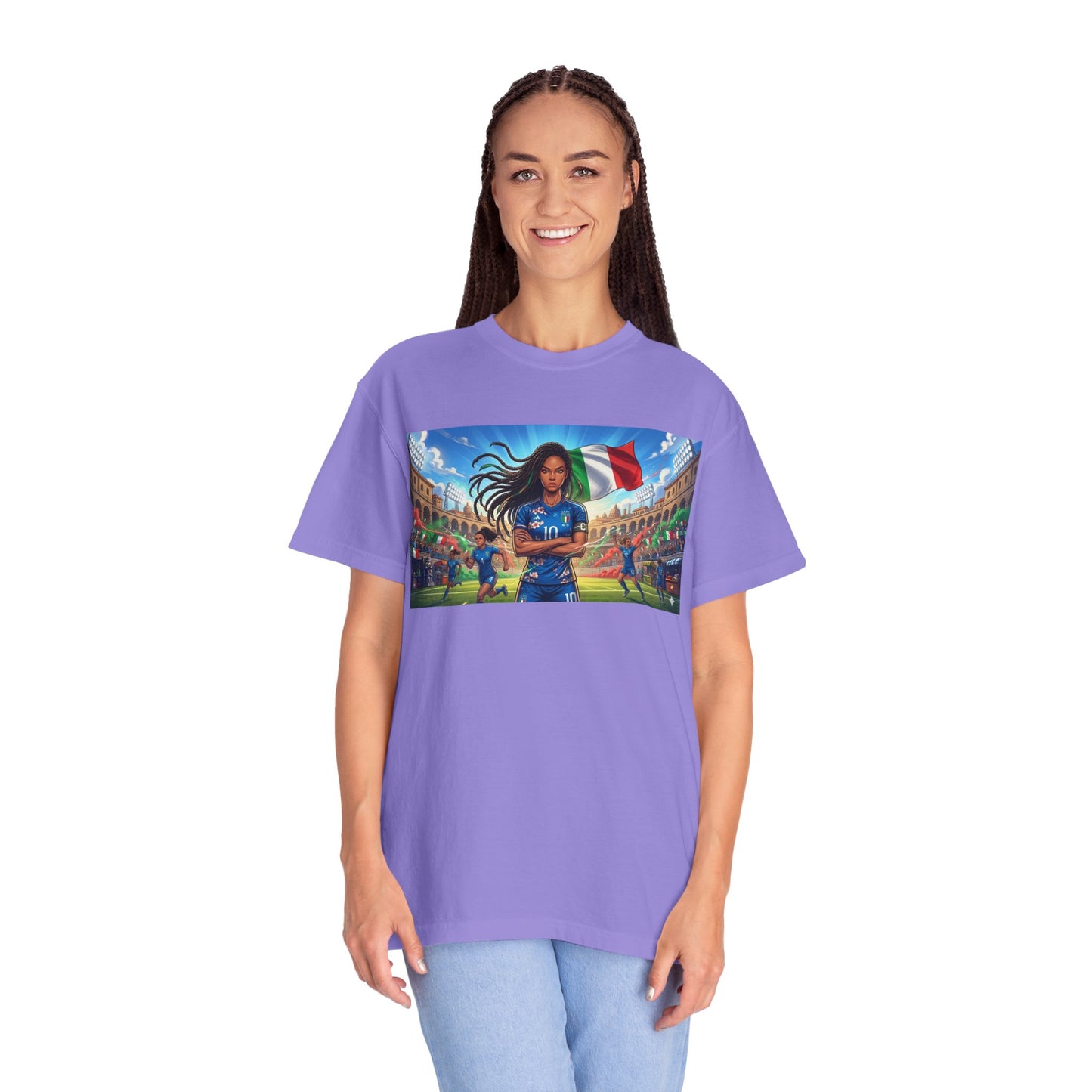 Italian Soccer Fan T‑Shirt – Inspirational Female Player with Italy Flag Stadium Print