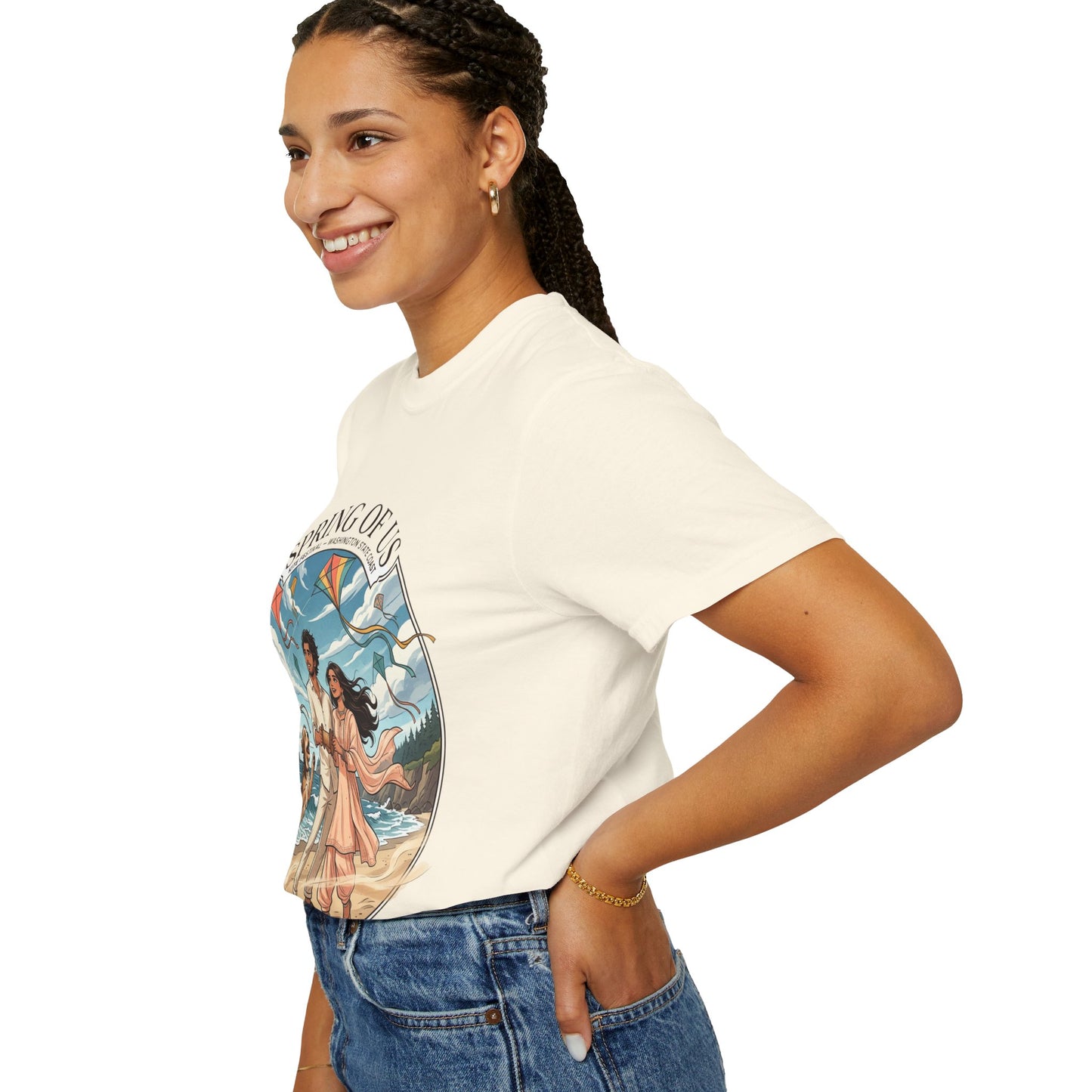 Spring of Us T-Shirt — Romantic Beach Couple Illustration with Dog