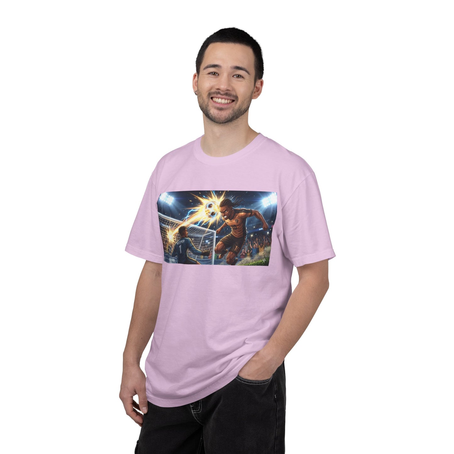 Soccer Goal Celebration T-Shirt — Action Football Scene Graphic Tee