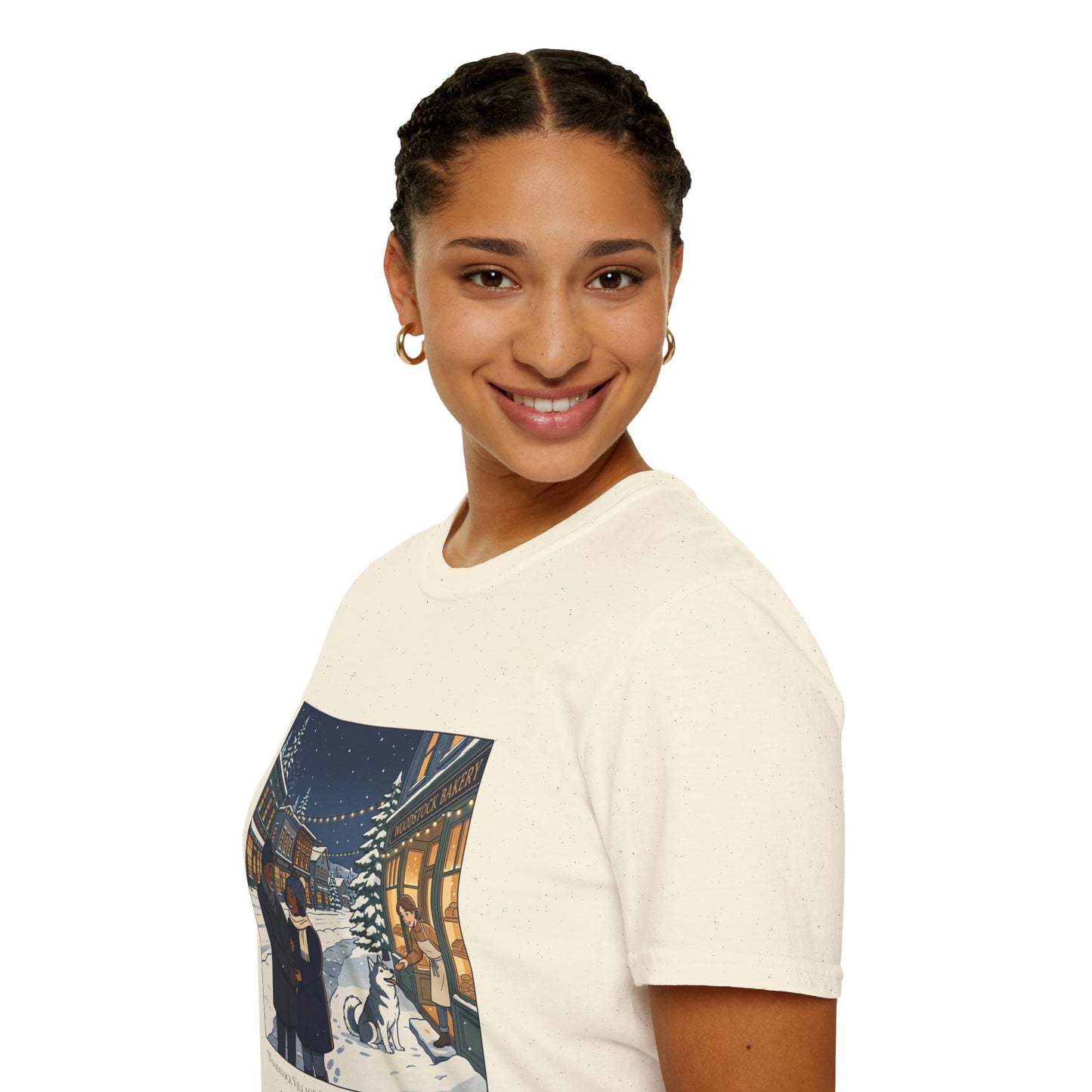 Winter String Lights Stroll T-Shirt — Cozy Holiday Street Scene Graphic Tee