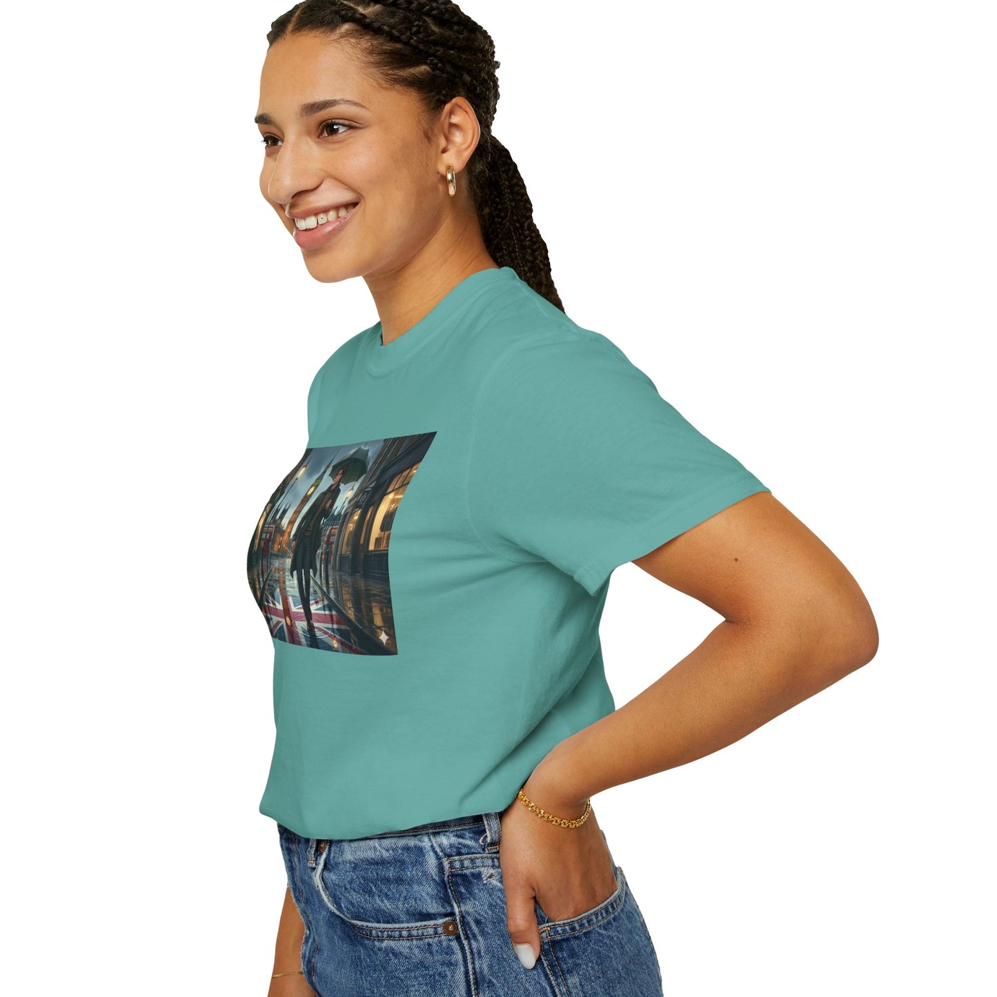 T-Shirt — Rainy London Street Scene Graphic Tee (Big Ben, Umbrella, Night Cityscape)