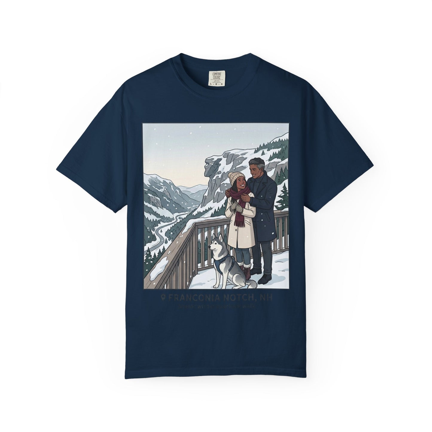 Franconia Notch NH Winter View T-Shirt — Scenic Couple & Husky Travel Tee