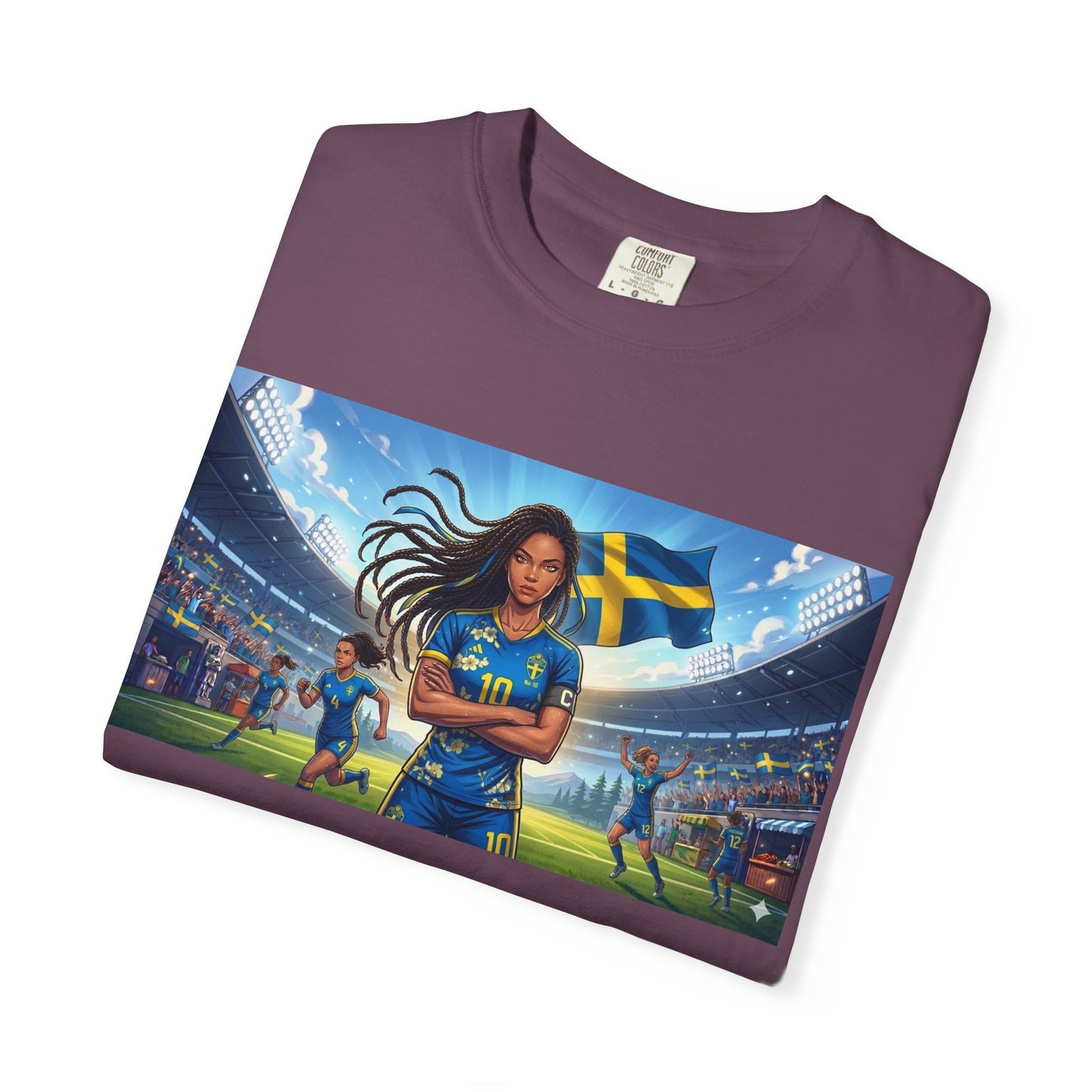 Swedish Soccer Pride T-Shirt — Female Footballer with Flag Stadium Design