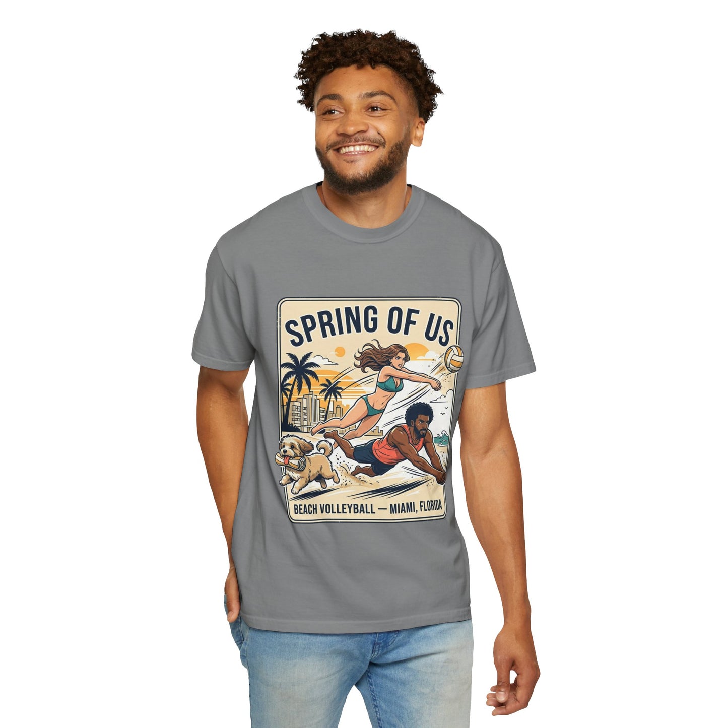 Spring of Us Beach Volleyball T-Shirt — Miami, Florida Retro Sun & Palm Tee