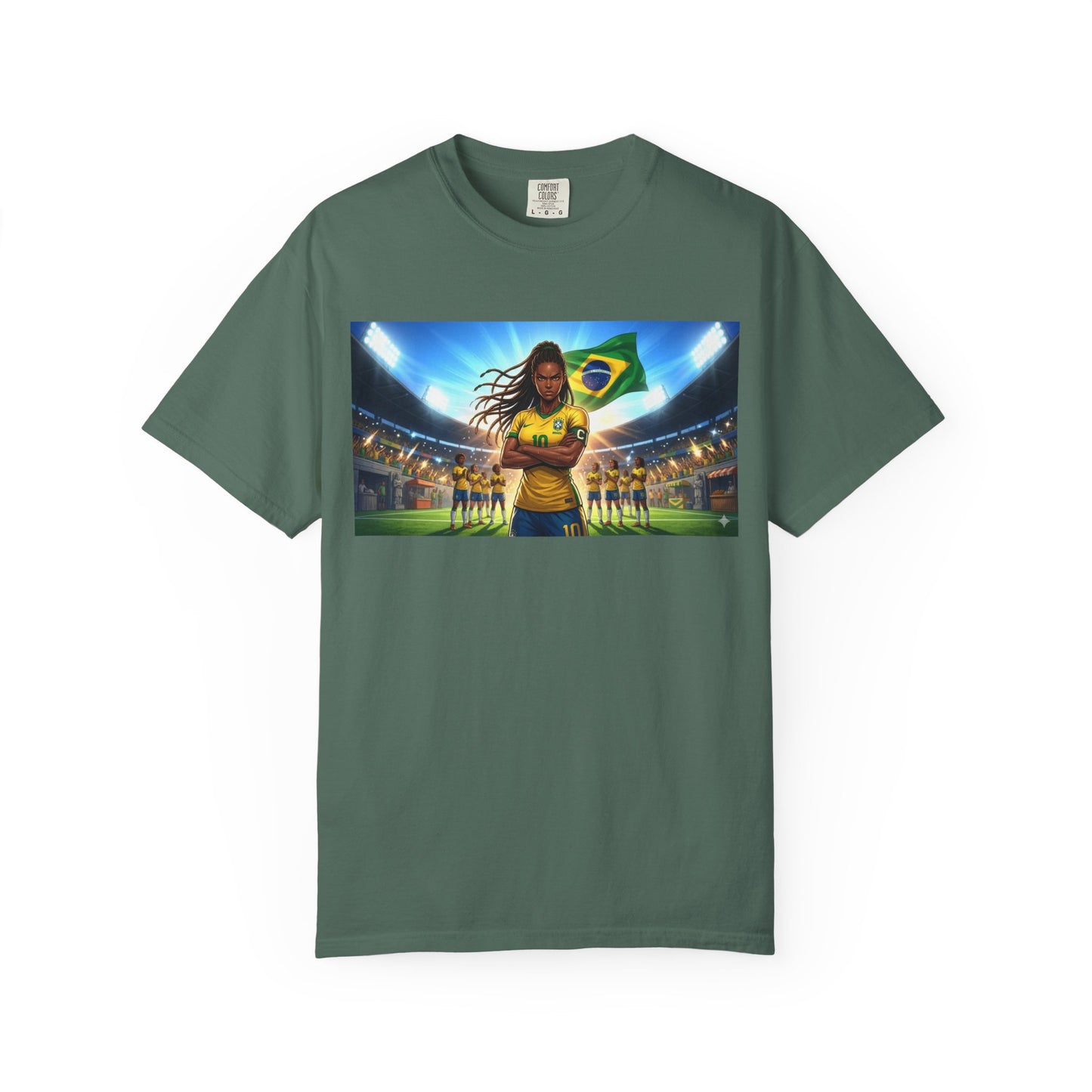 Brazil Soccer Captain T-Shirt — Player Holding Ball with Brazilian Flag Stadium Graphic