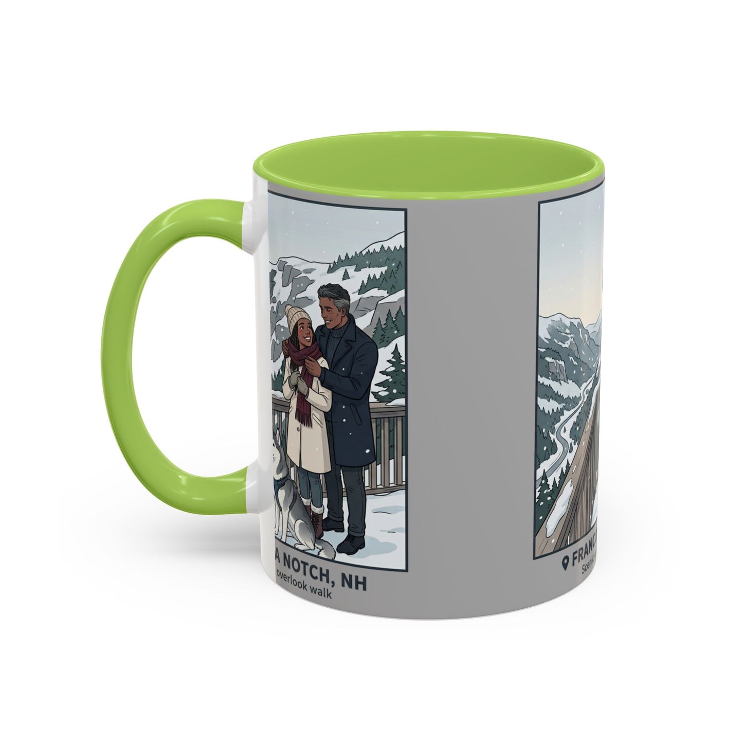 Franconia Notch Scenic Winter Mug — Couples & Dog Snowy Overlook Coffee Cup (11/15oz)