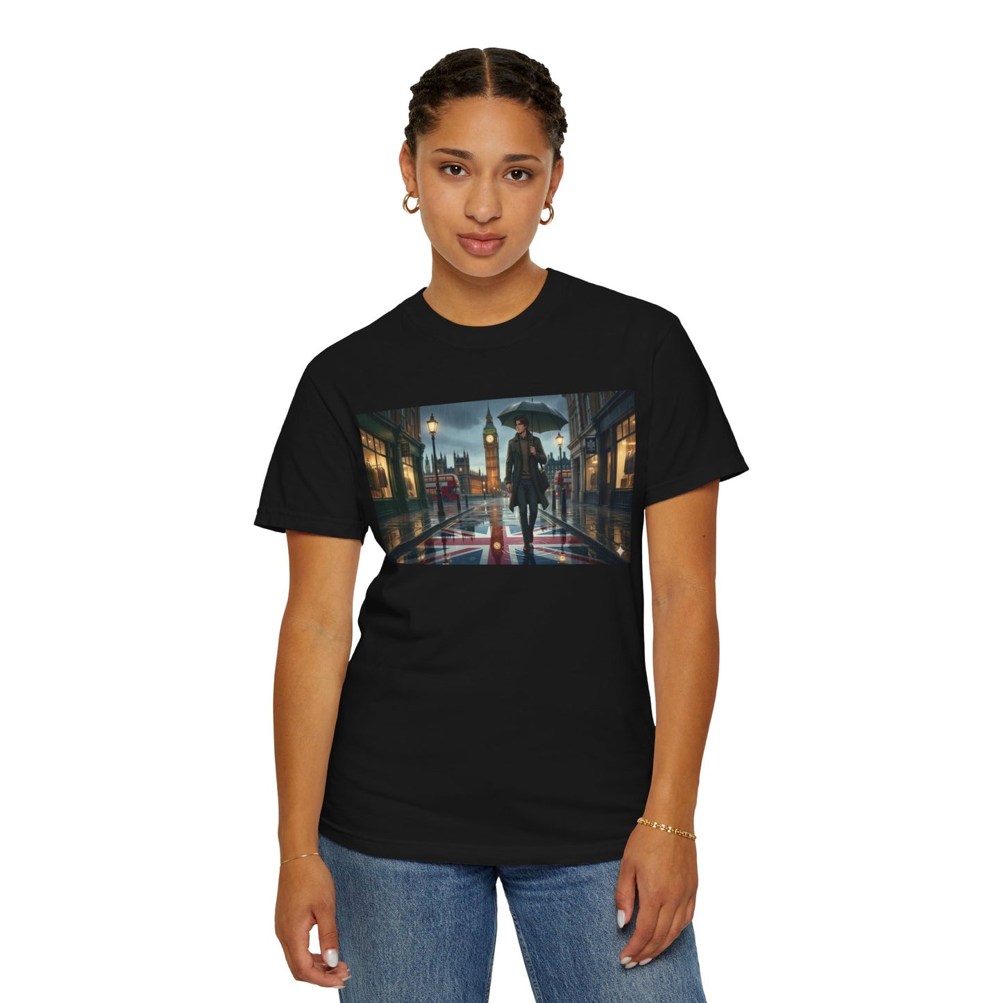 T-Shirt — Rainy London Street Scene Graphic Tee (Big Ben, Umbrella, Night Cityscape)