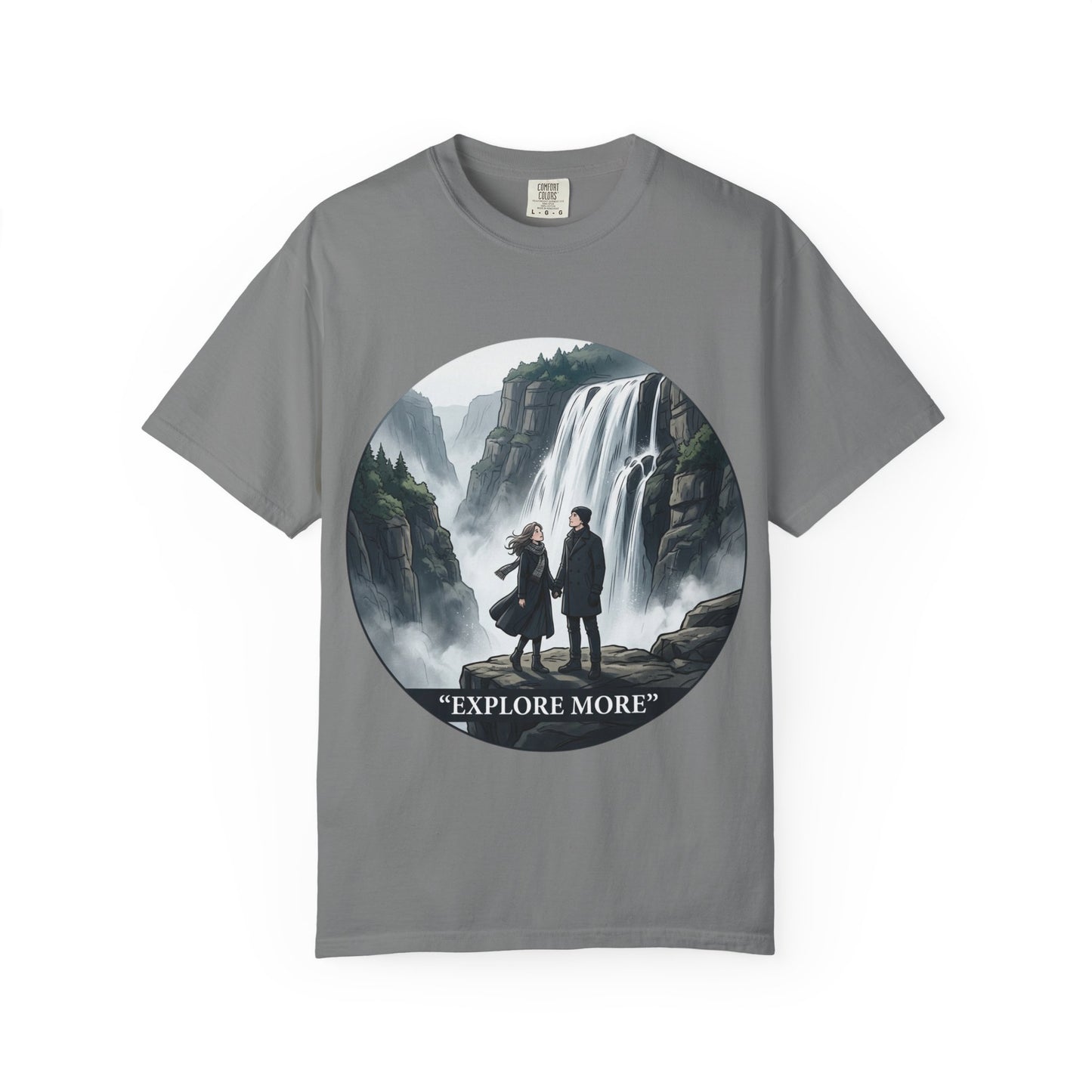 Explore More T-Shirt — Adventure Graphic Tee with Waterfall Scene