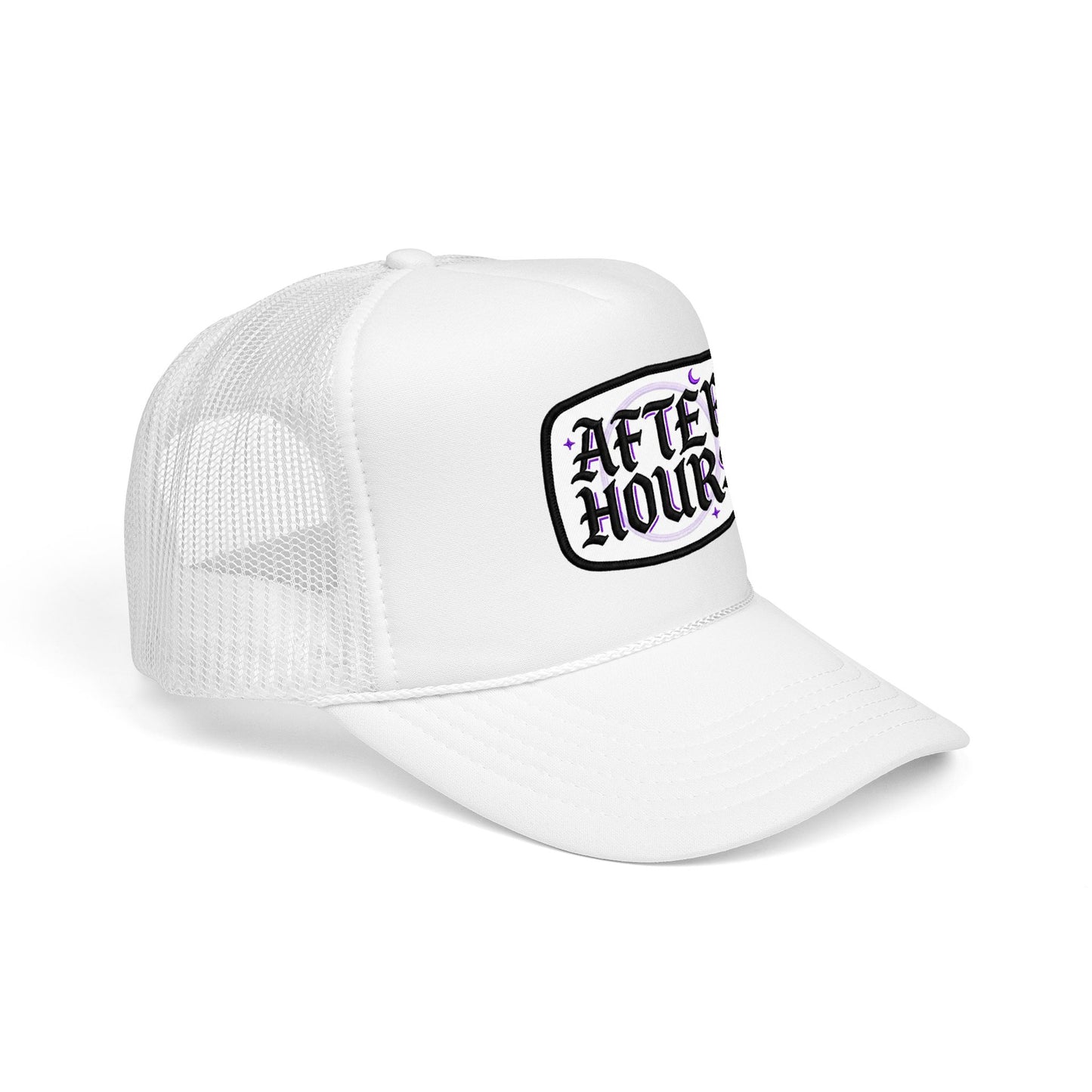 After Hours Foam Trucker Hat – Retro Gothic Embroidered Patch Cap