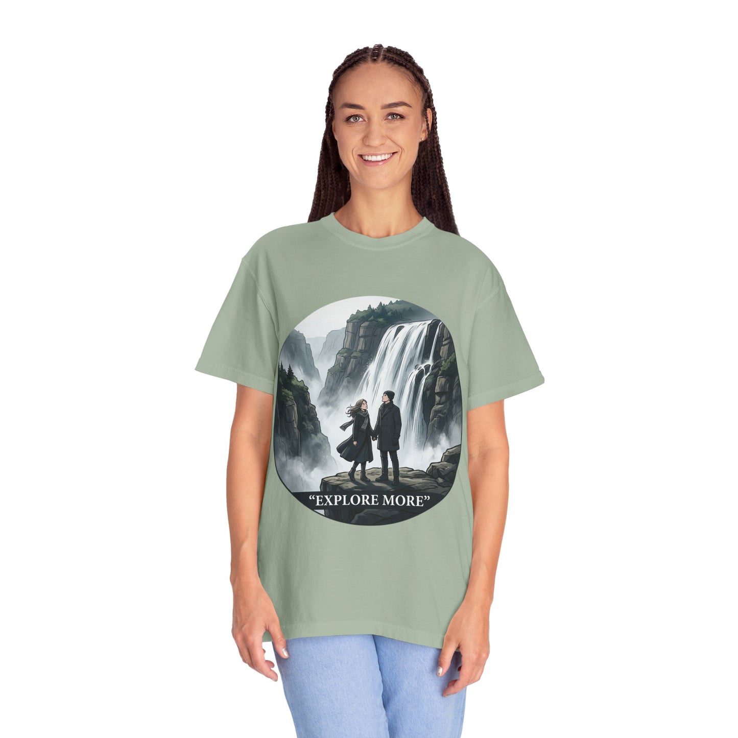 Explore More T-Shirt — Adventure Graphic Tee with Waterfall Scene