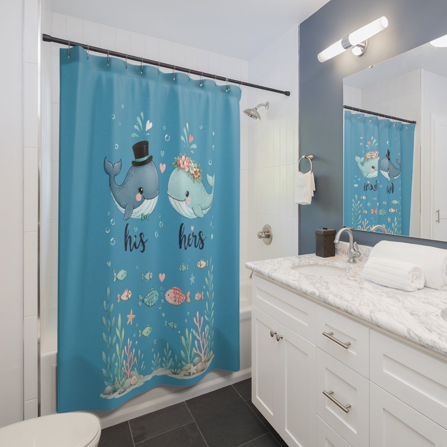 His & Hers Whale Shower Curtain – Cute Nautical Bathroom Decor for Couples
