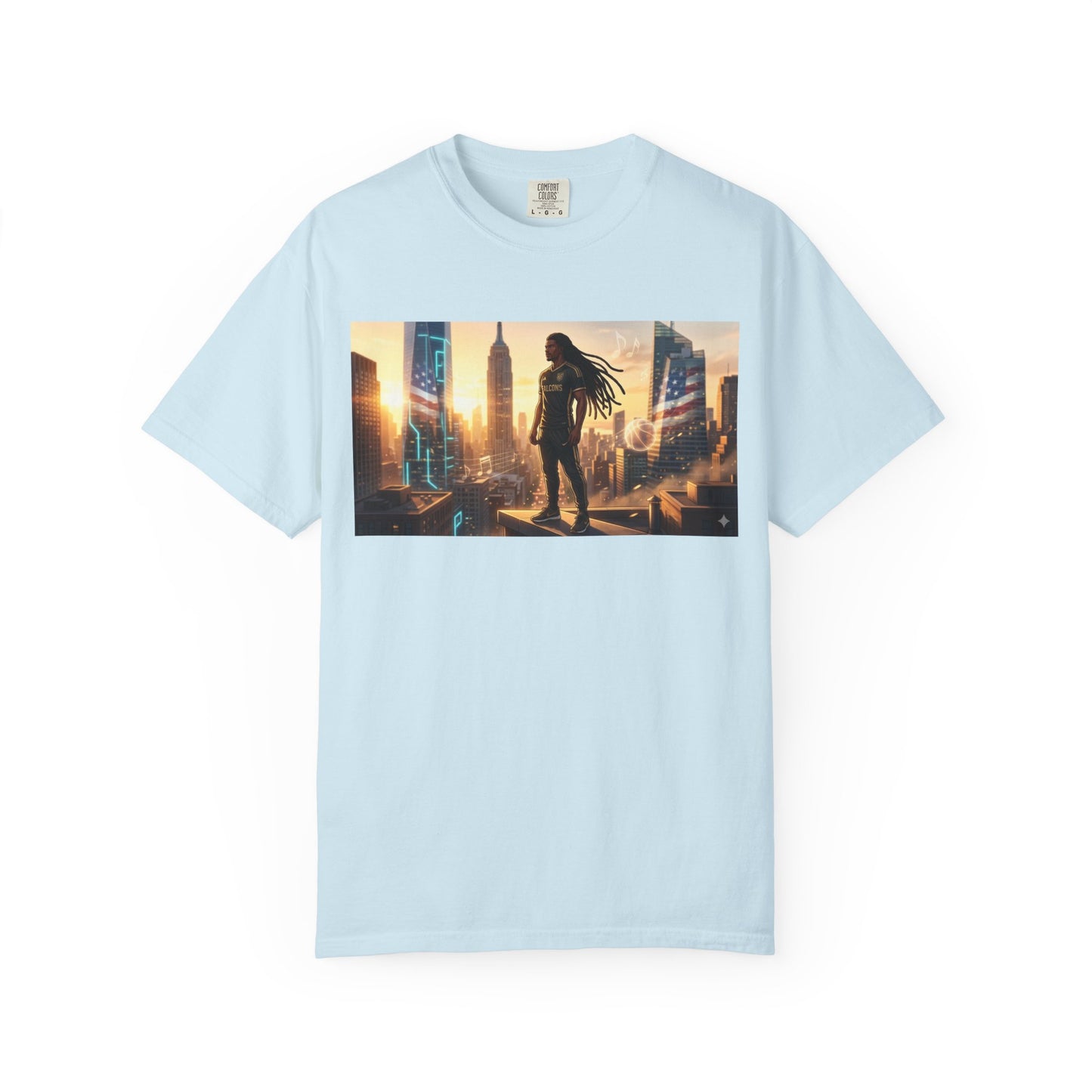 Cyberpunk Cityscape T-Shirt — Silhouette Hero at Sunset
