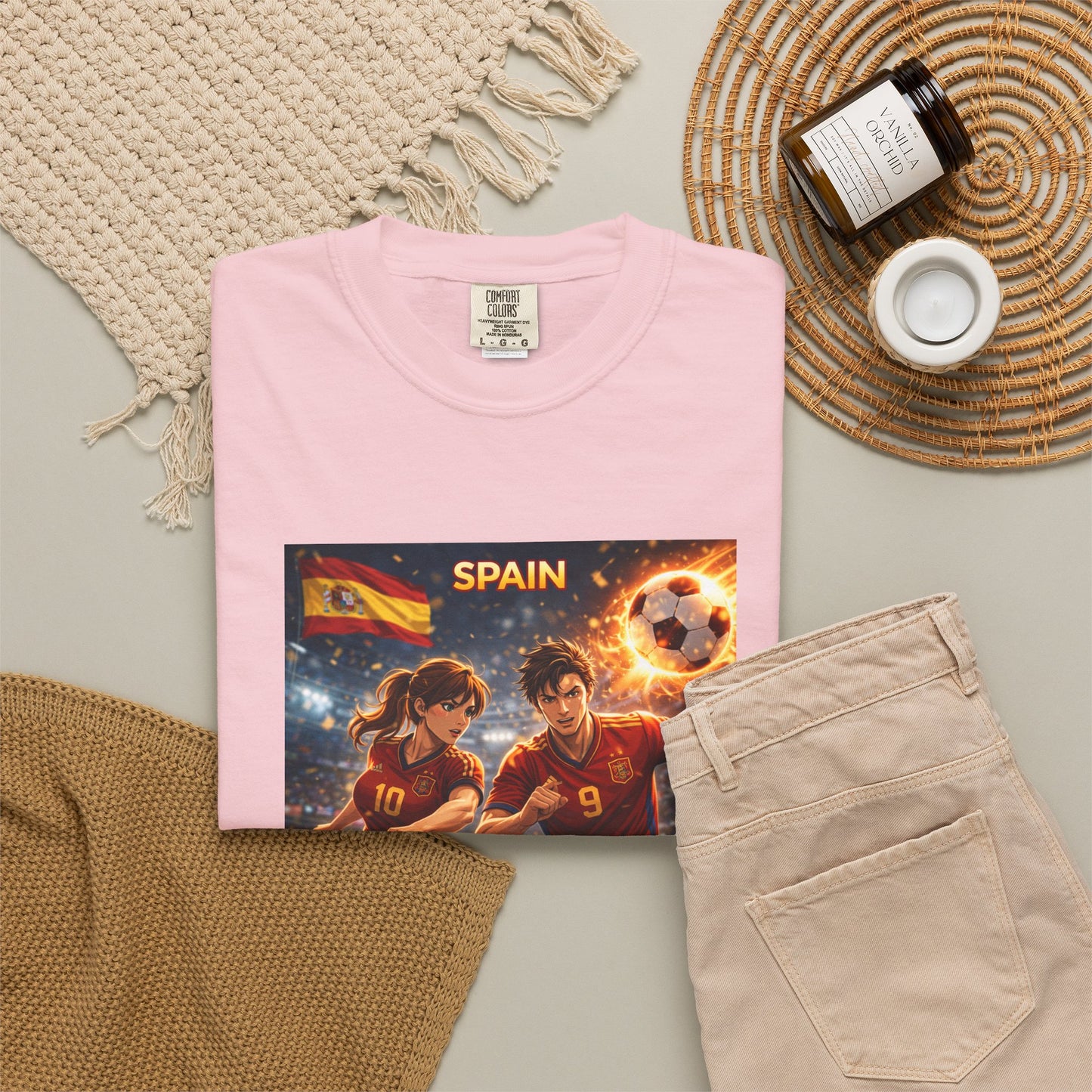 Spain Soccer Graphic T-Shirt — Retro Match Scene with Flag