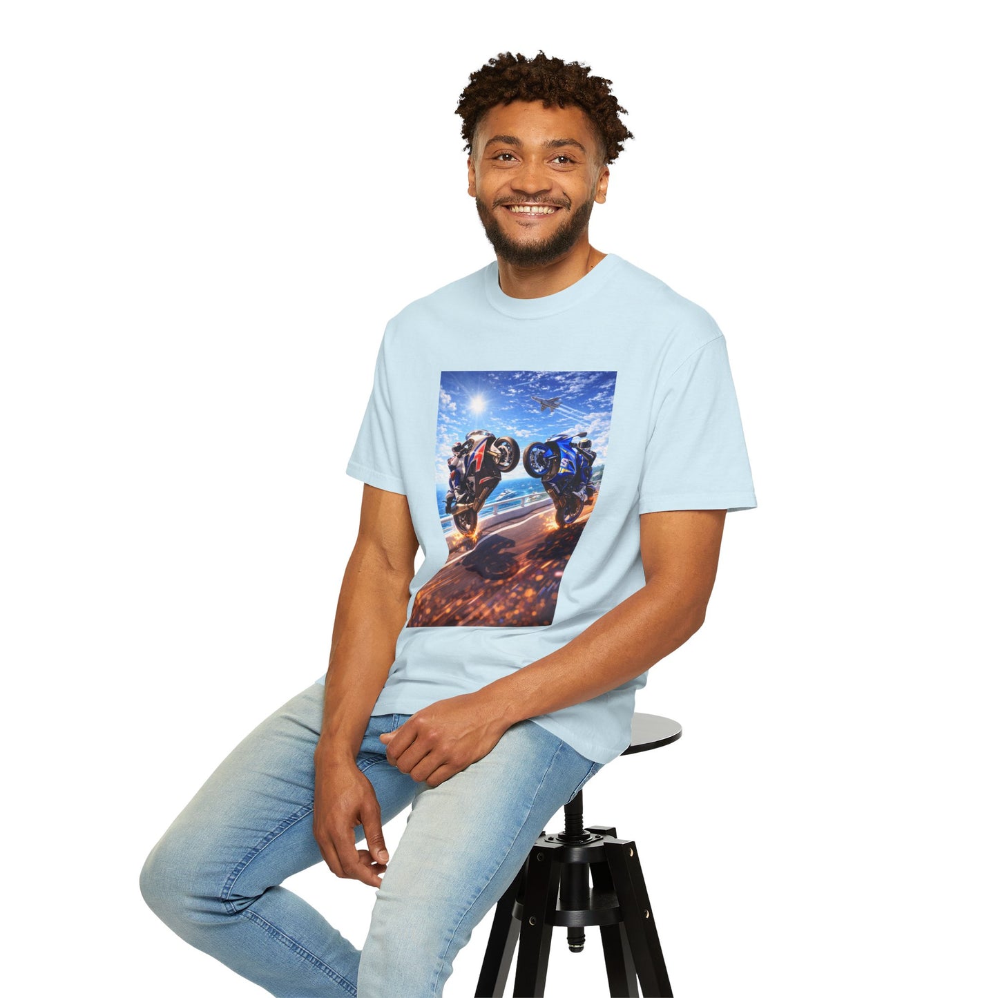 Stunt Riders Motorcycle T-Shirt — Two Bike Wheelie Racing Graphic Tee