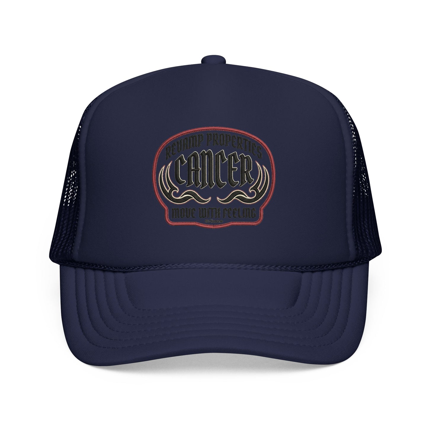 Cancer Zodiac Trucker Hat — Vintage Embroidered Skull & Crab Design