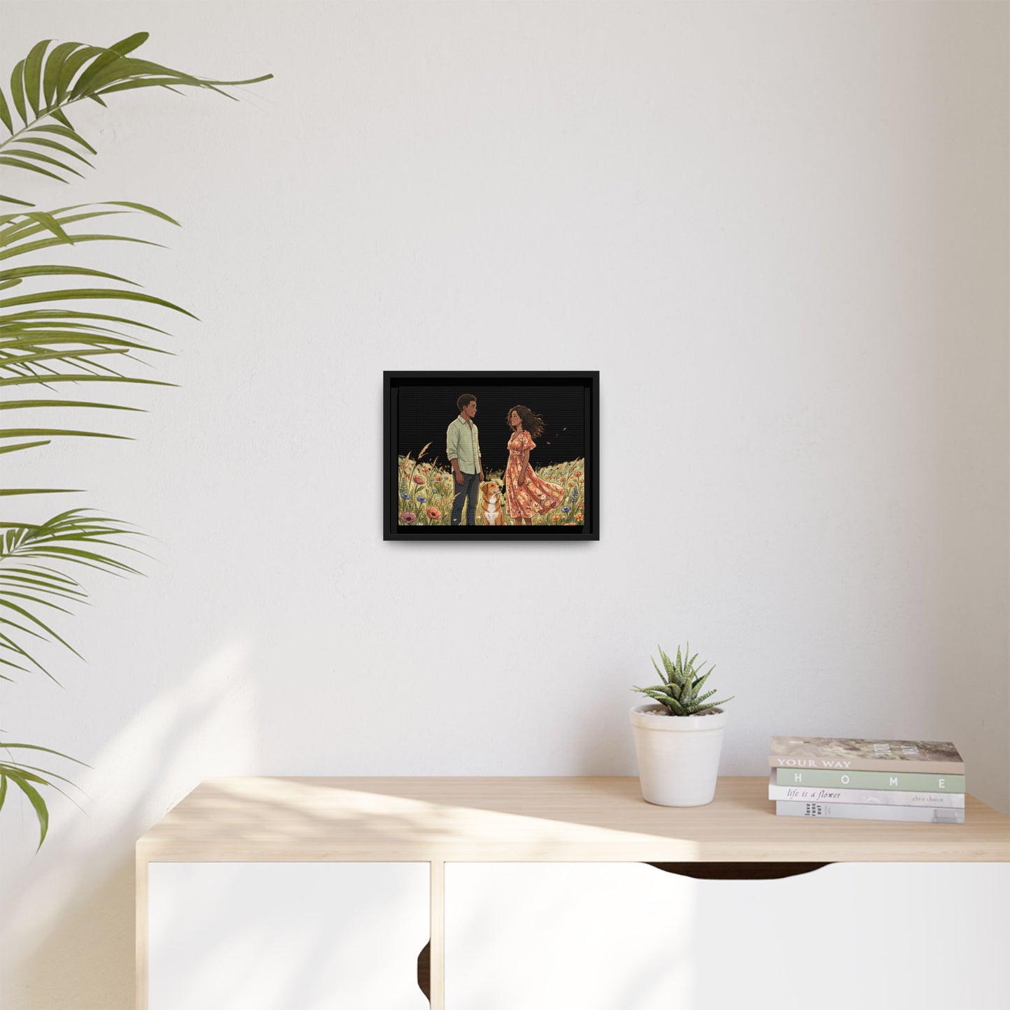 Framed Matte Canvas Print — Romantic Couple in Wildflower Field (Multi‑Color)