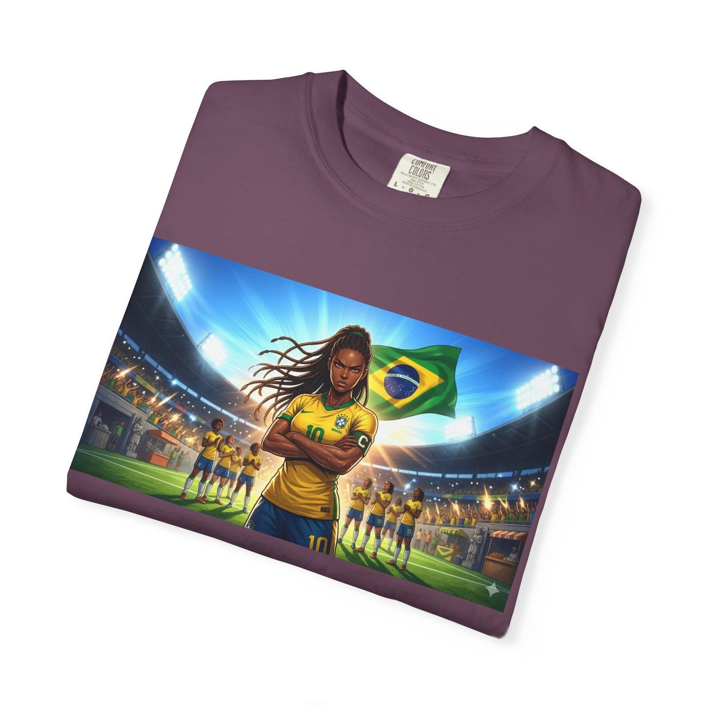 Brazil Soccer Captain T-Shirt — Player Holding Ball with Brazilian Flag Stadium Graphic