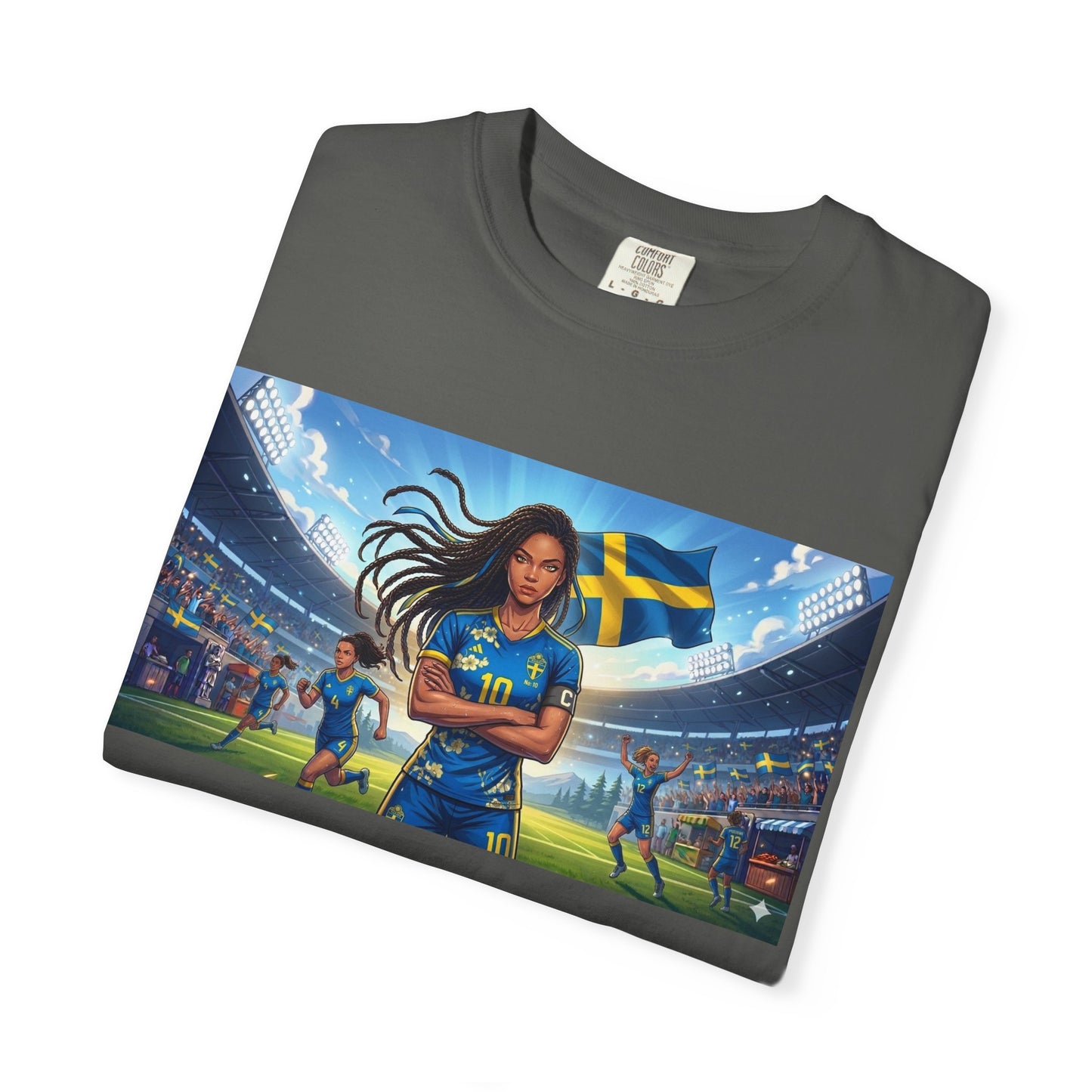 Swedish Soccer Pride T-Shirt — Female Footballer with Flag Stadium Design