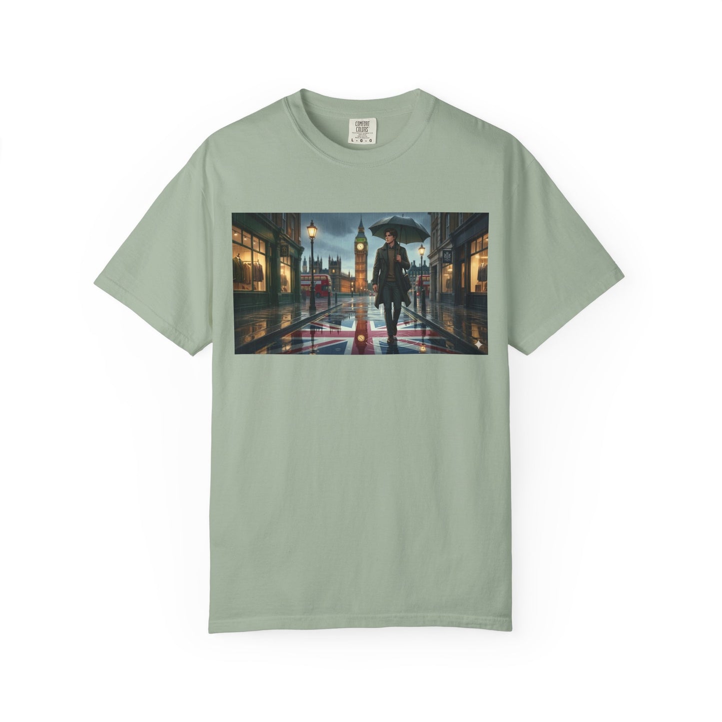 T-Shirt — Rainy London Street Scene Graphic Tee (Big Ben, Umbrella, Night Cityscape)