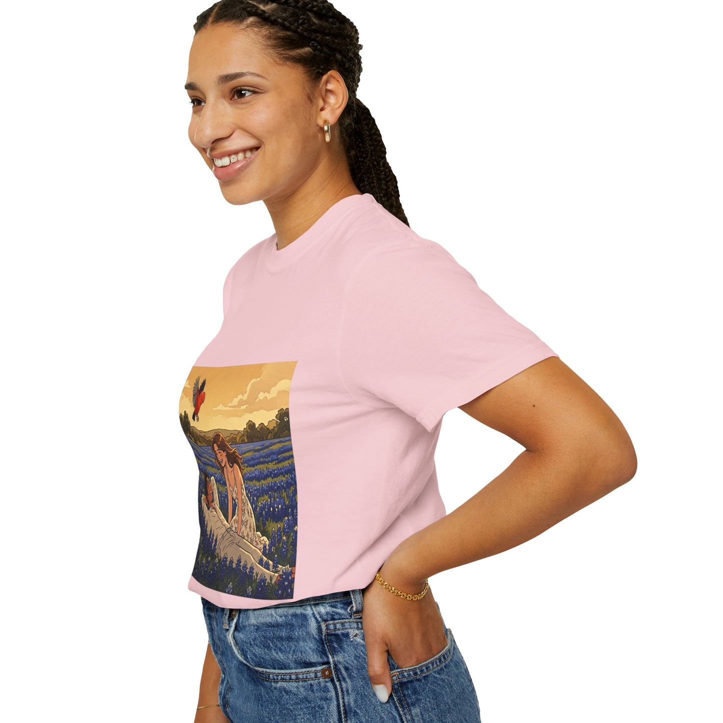 Romantic Bluebonnet Field T-Shirt — Couple in Wildflower Meadow Art Tee