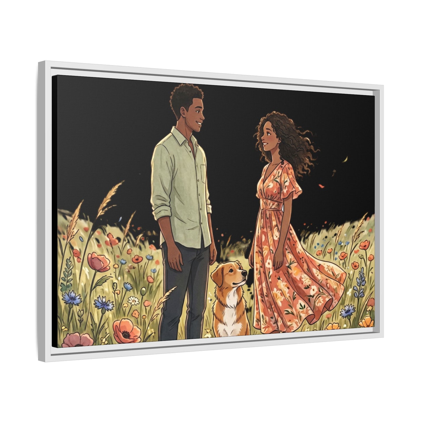 Framed Matte Canvas Print — Romantic Couple in Wildflower Field (Multi‑Color)