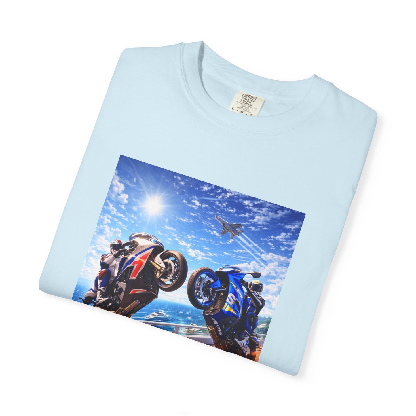Stunt Riders Motorcycle T-Shirt — Two Bike Wheelie Racing Graphic Tee