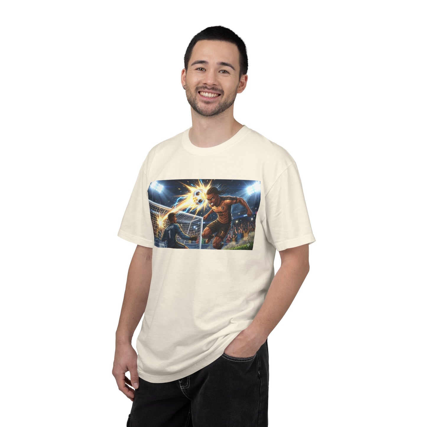 Soccer Goal Celebration T-Shirt — Action Football Scene Graphic Tee