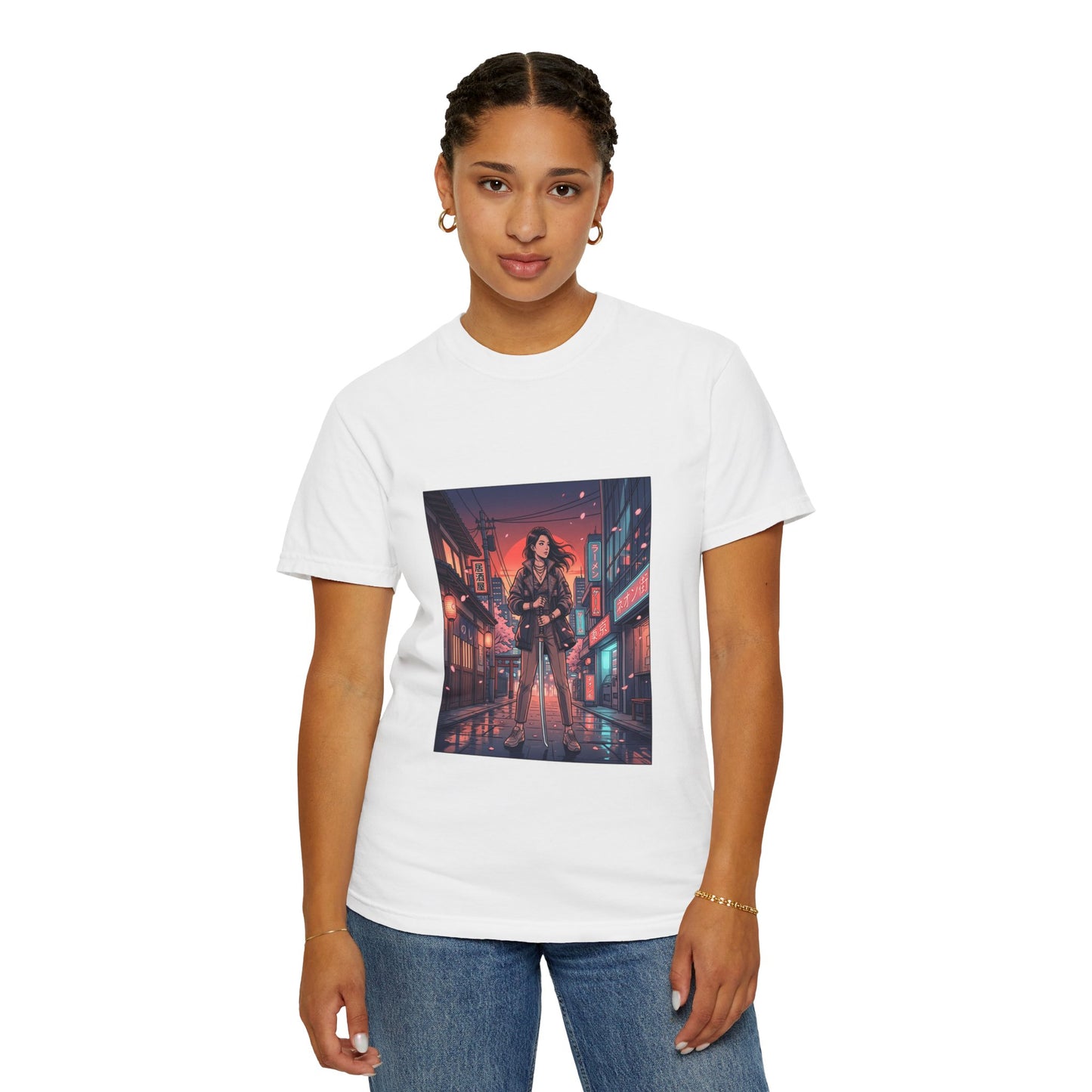 Cyberpunk Night Streets T‑Shirt — Neon Samurai Girl Graphic Tee