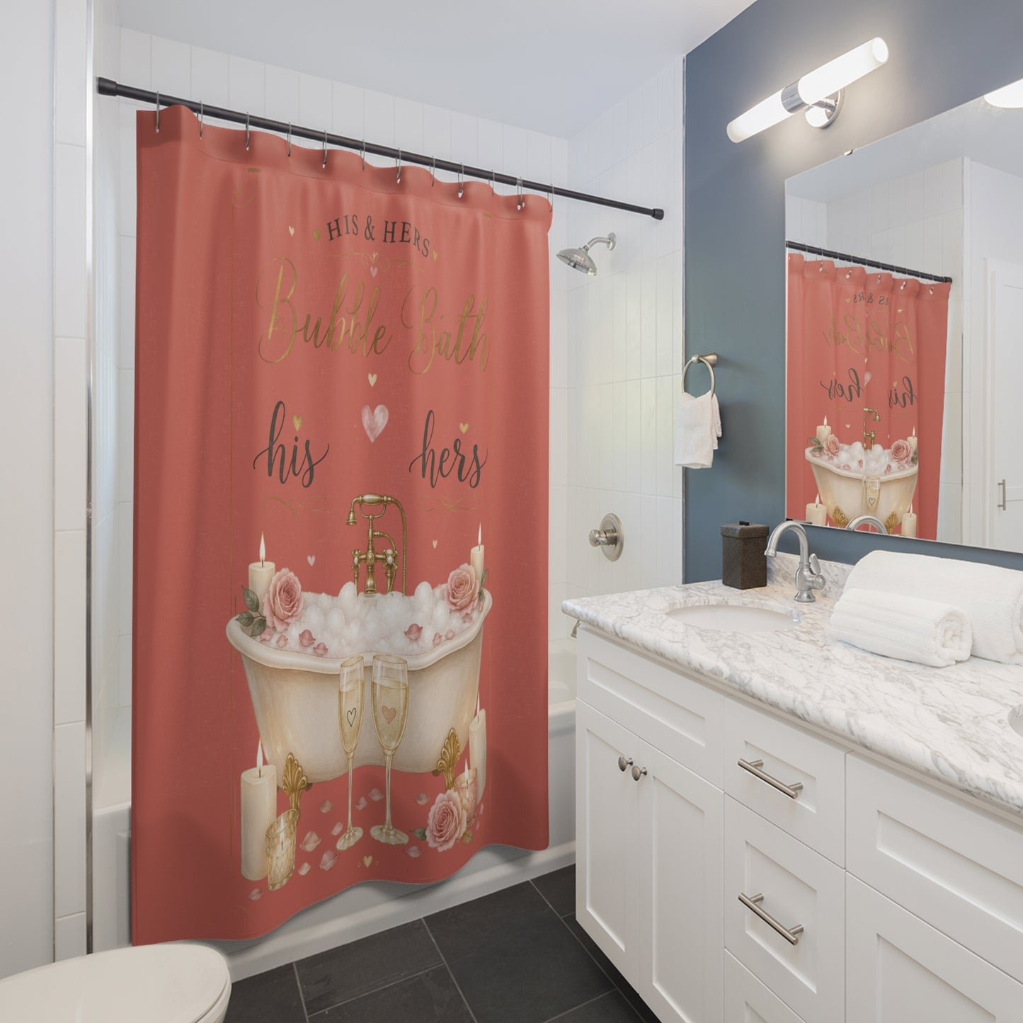 Petals & Suds. Sip. Soak & Stay! Shower Curtain – His & Hers Romantic Bath Decor for Couples