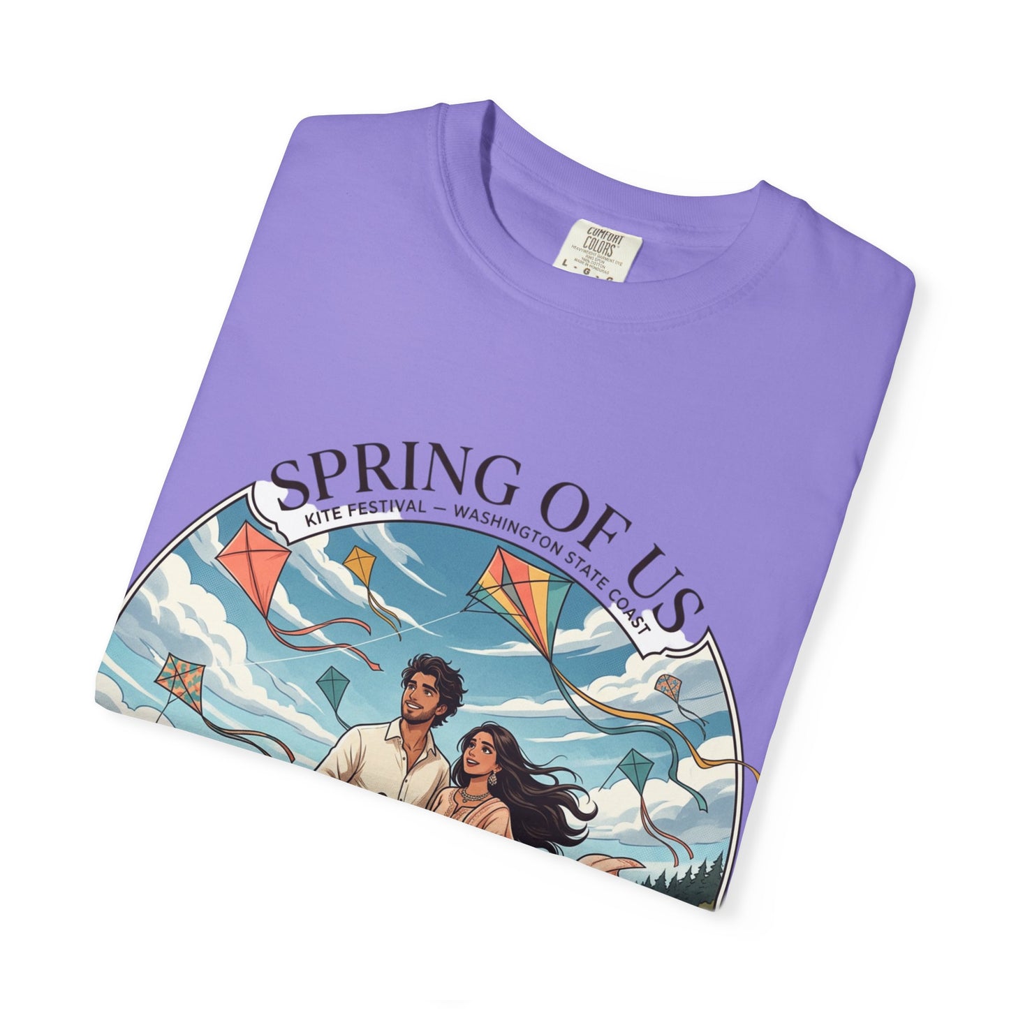 Spring of Us T-Shirt — Romantic Beach Couple Illustration with Dog
