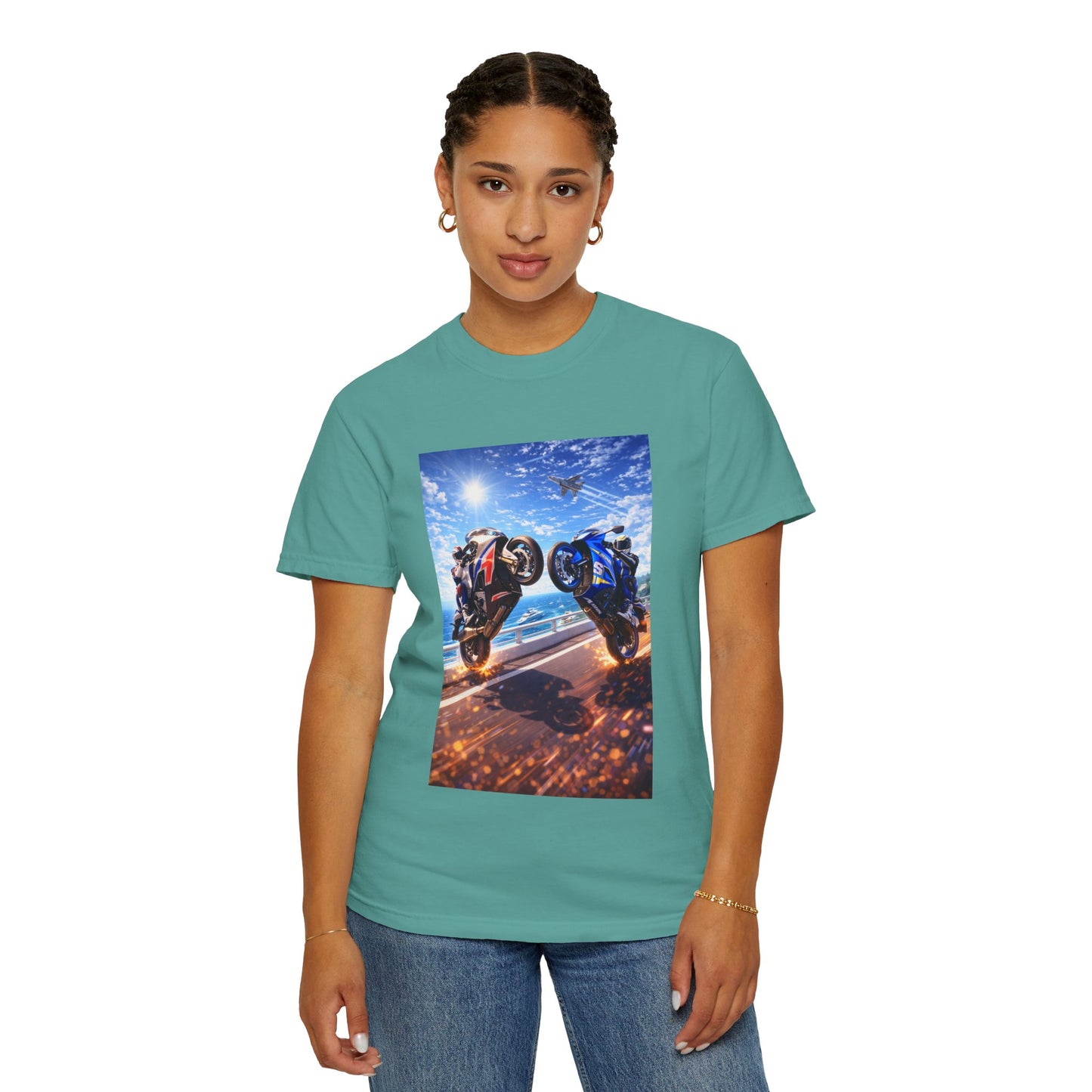 Stunt Riders Motorcycle T-Shirt — Two Bike Wheelie Racing Graphic Tee