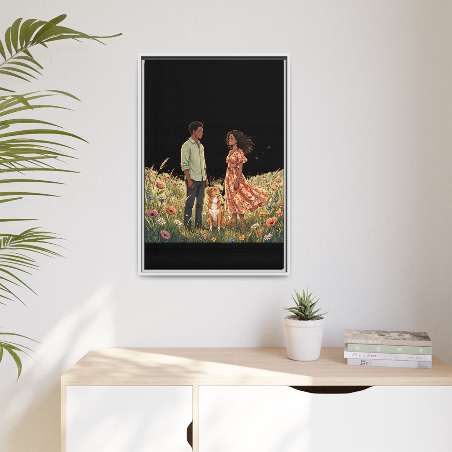 Framed Matte Canvas Print — Romantic Couple in Wildflower Field (Multi‑Color)