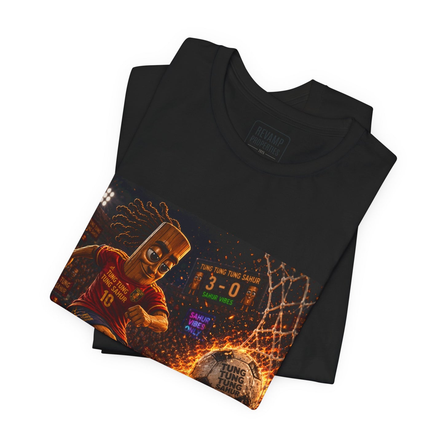 Tung Tung Tung Sahur Soccer Kick Firestorm Graphic Tee — ‘Goal’ Animated Kick Design