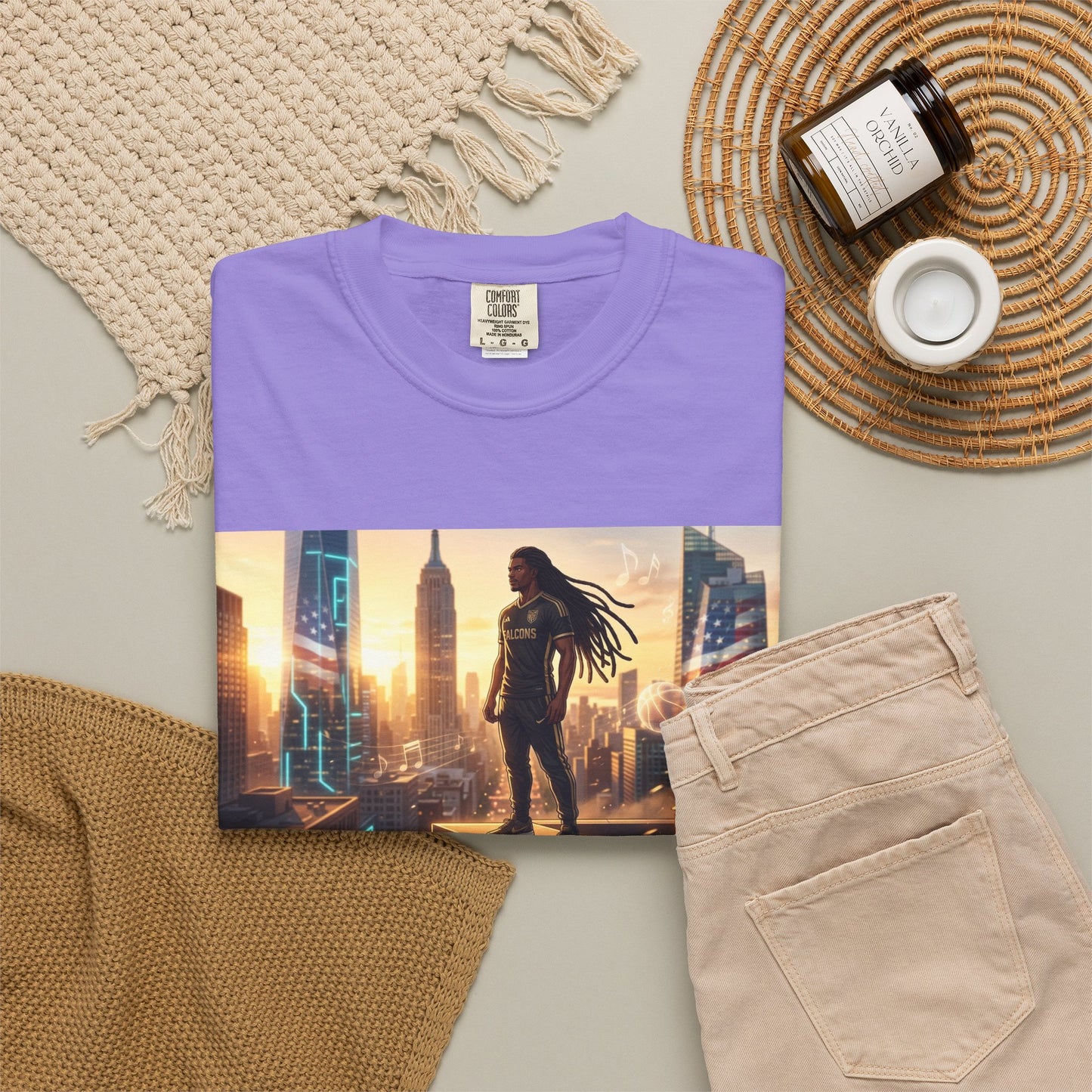 Cyberpunk Cityscape T-Shirt — Silhouette Hero at Sunset