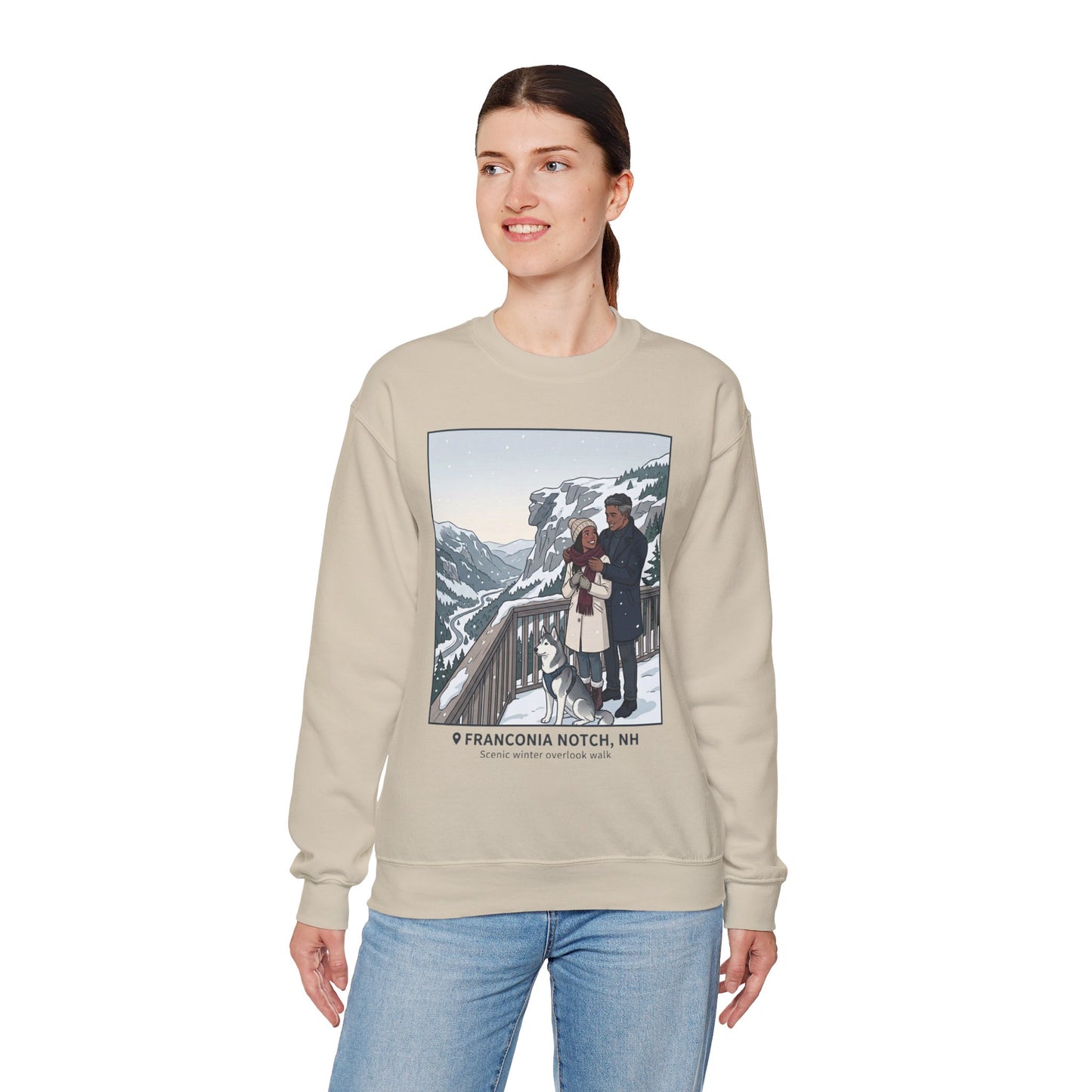 Crewneck Sweatshirt — Franconia Notch Winter Couple Scenic Graphic