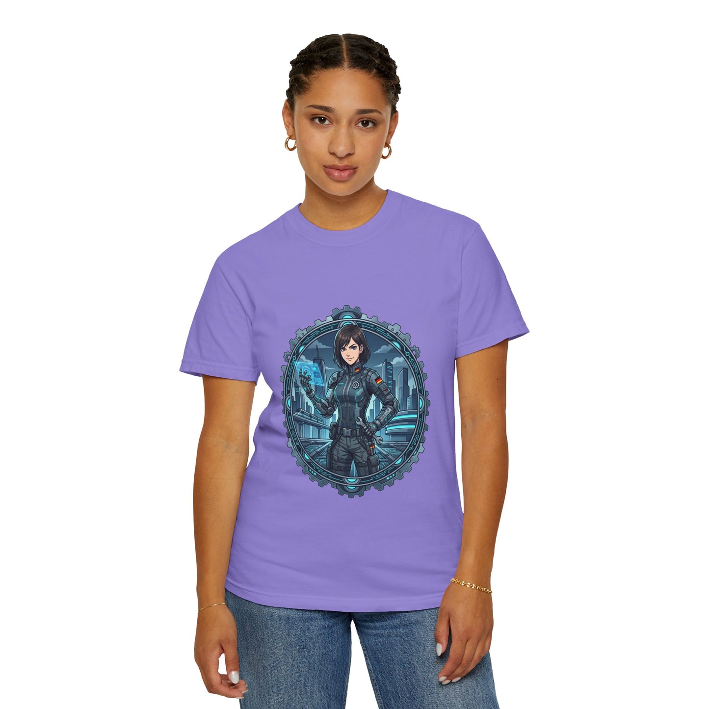 Cyber Ninja Graphic T-Shirt — Futuristic Female Warrior Illustration