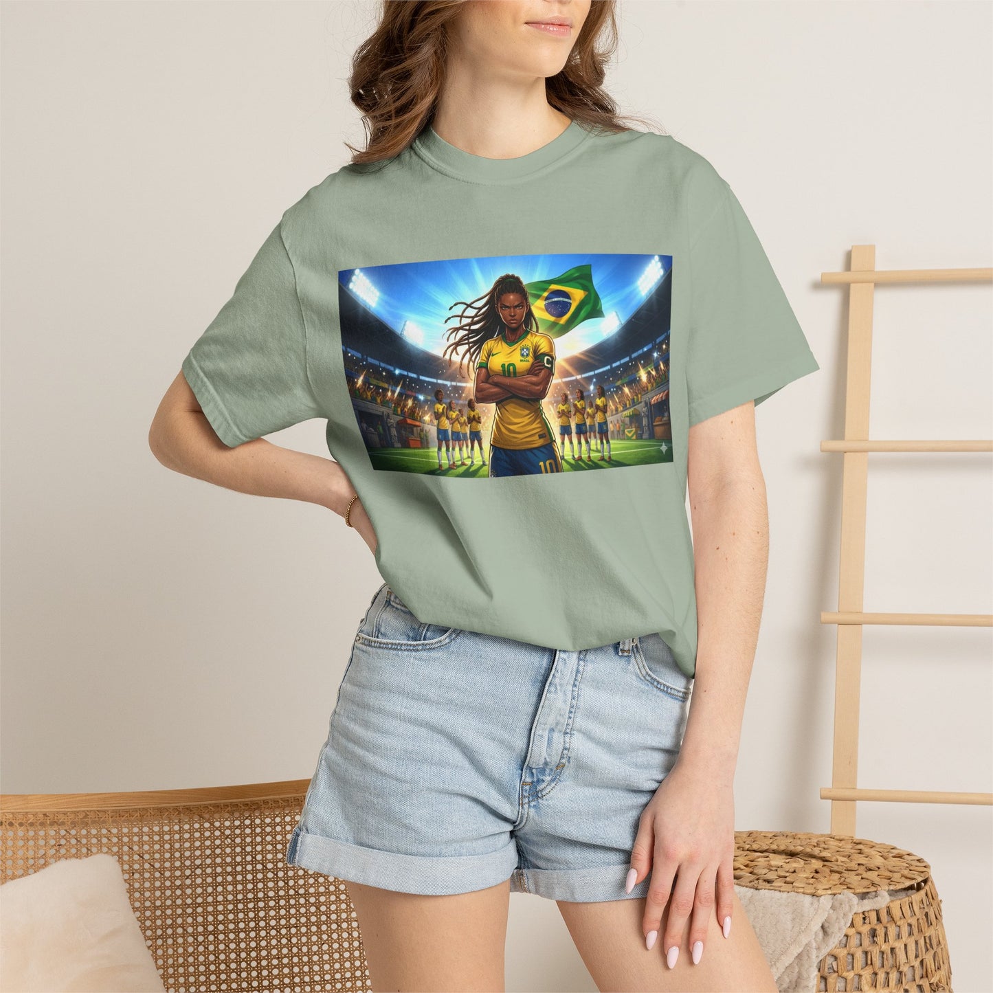 Brazil Soccer Captain T-Shirt — Player Holding Ball with Brazilian Flag Stadium Graphic